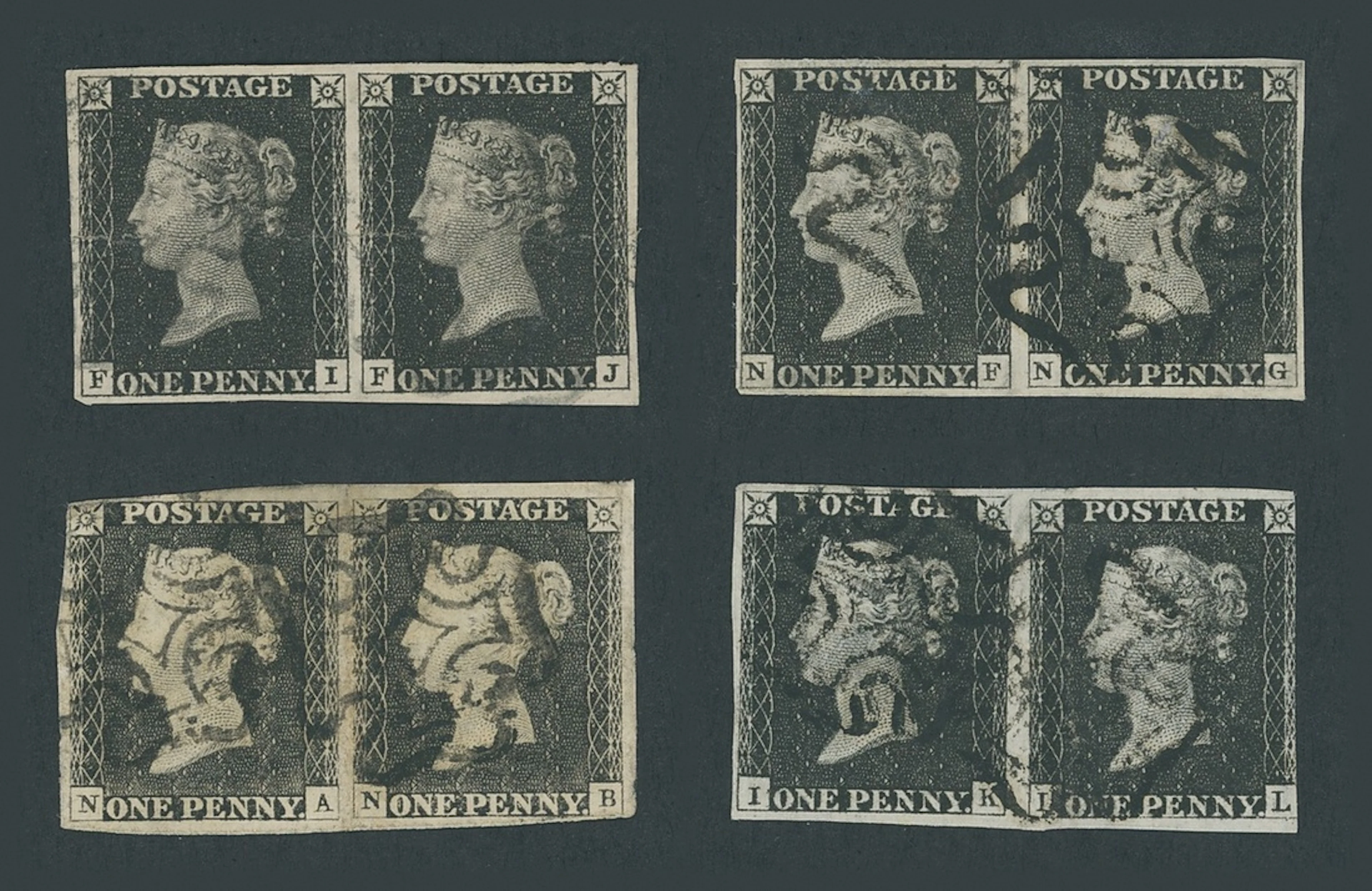 Great Britain 1840 One Penny Black Mixed Plates Four horizontal pairs: