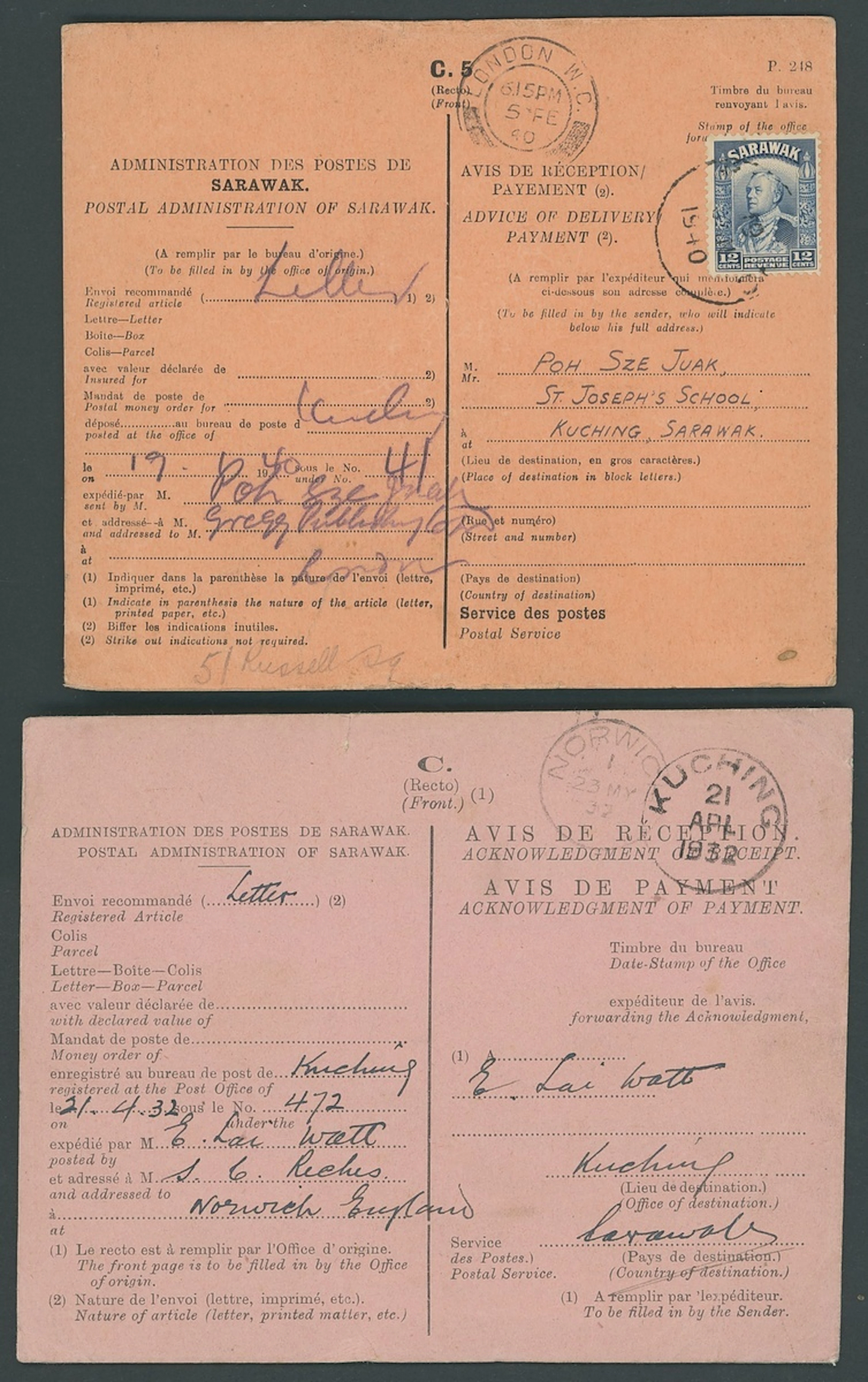 Sarawak Covers and Cancellations 1932 (21 Apr.) "avis de reception"