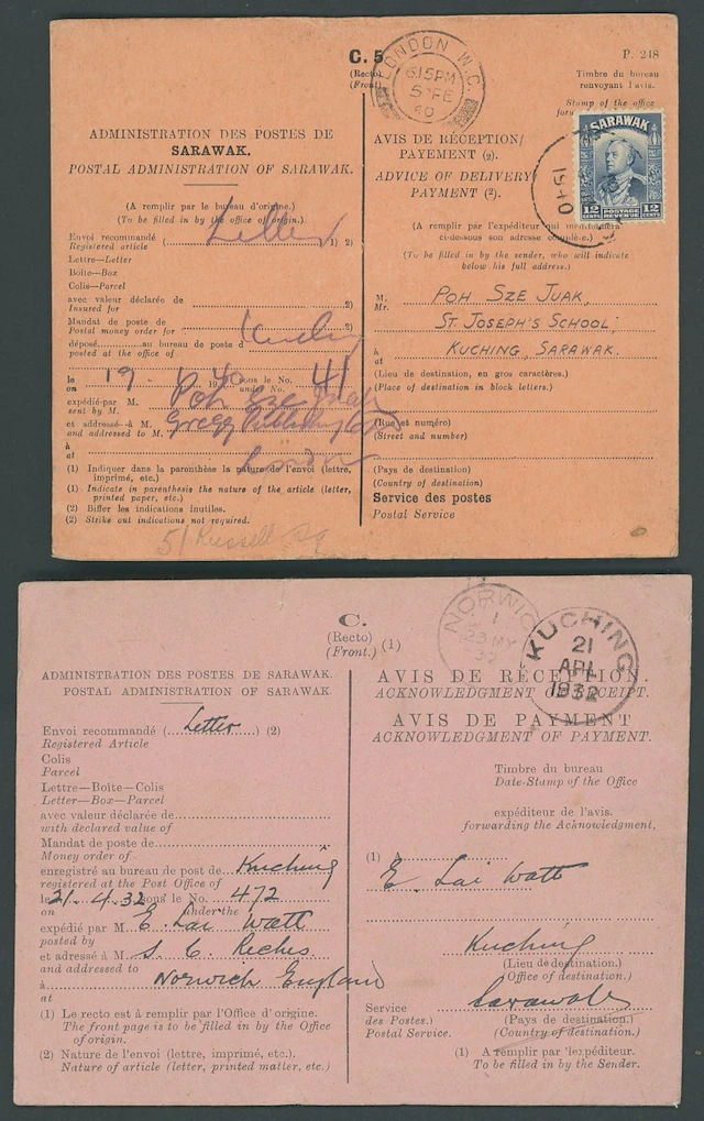 Sarawak Covers and Cancellations 1932 (21 Apr.) "avis de reception"