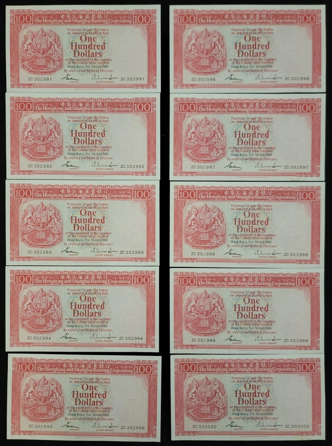 HongKong & Shanghai Banking Corporation, consecutive $100 (10), 31.3.1983