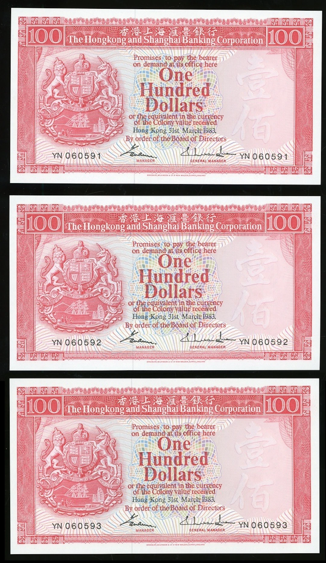 HongKong & Shanghai Banking Corporation, consecutive $100 (3), 1983