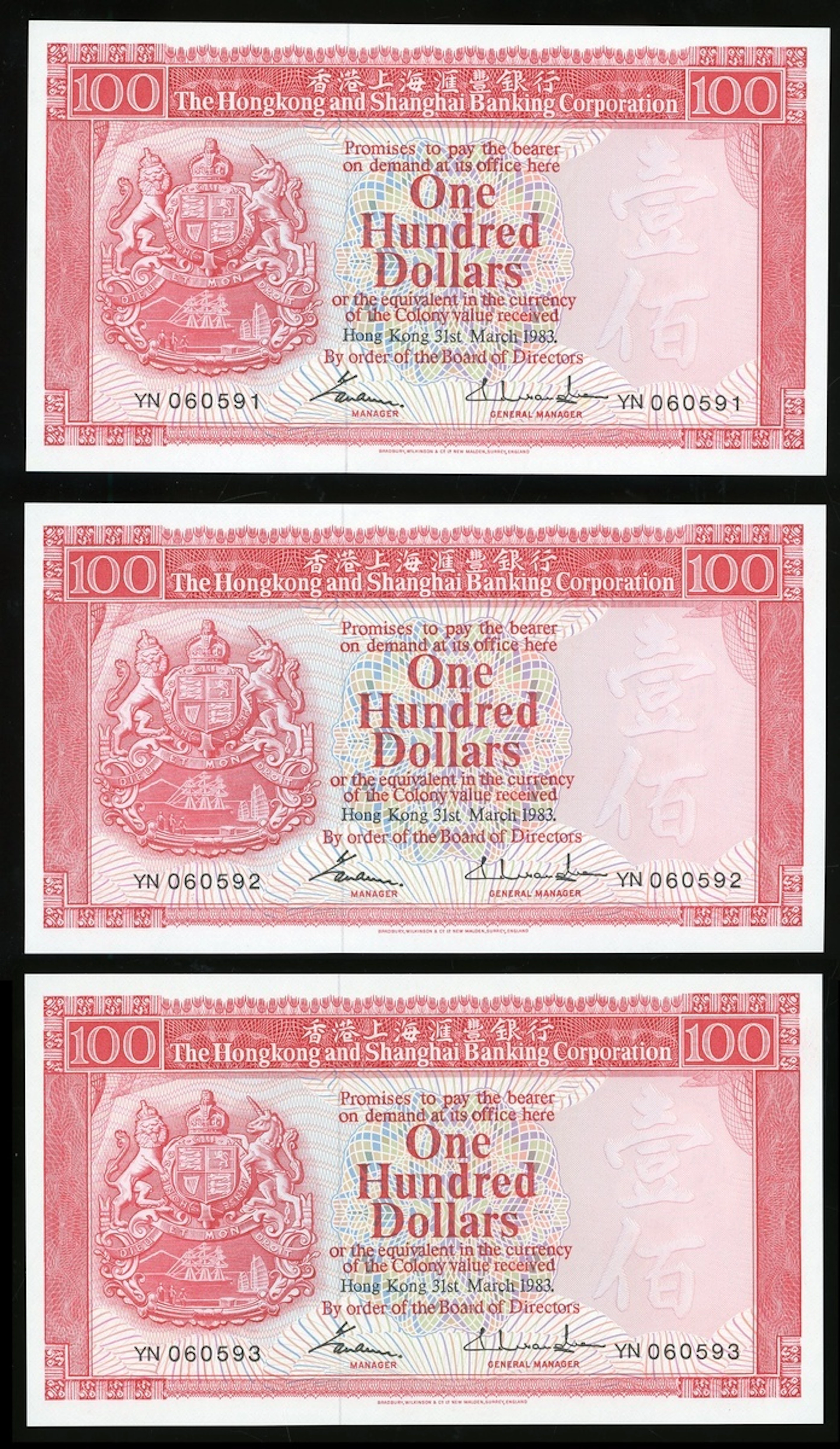 HongKong & Shanghai Banking Corporation, consecutive $100 (3), 1983