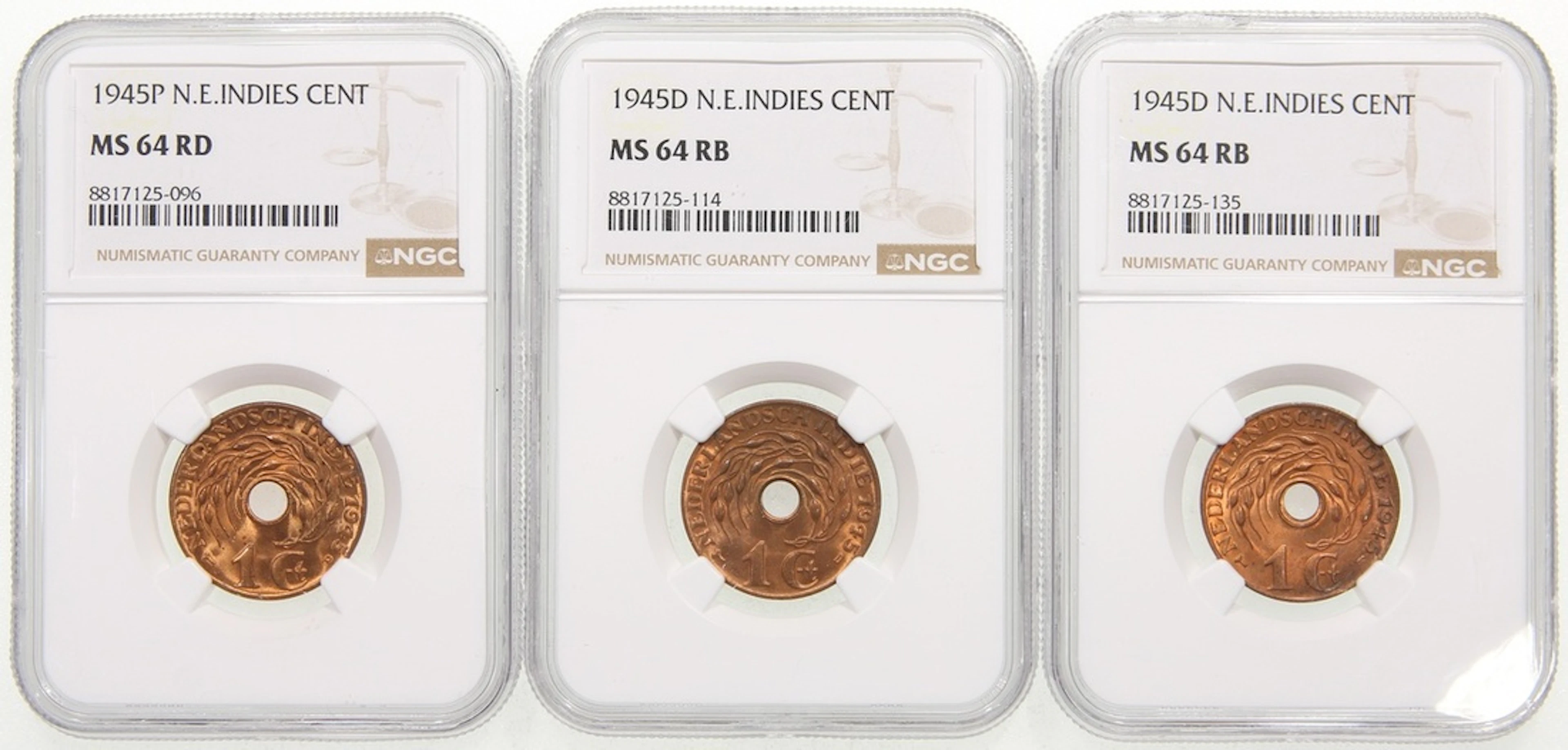 Netherlands East Indies, [NGC MS64RD and MS64RB] 1 cent (3), 1945P