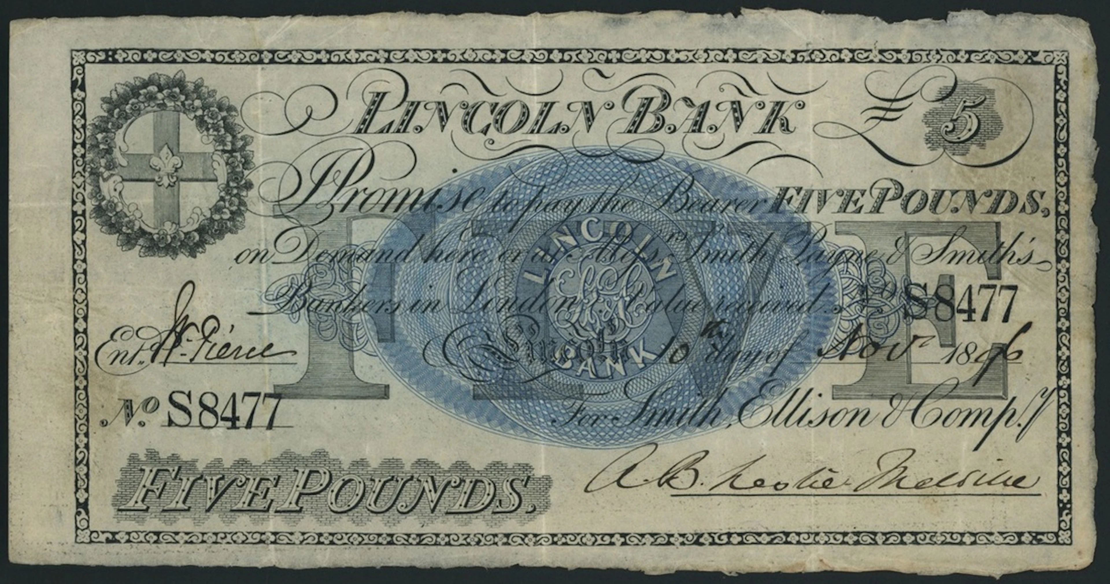 Lincoln Bank, for Smith, Ellison & Co., £5, 10th November 1896, serial