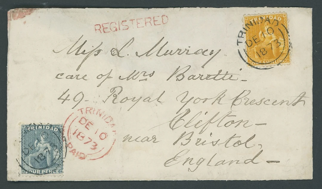Trinidad Covers and Cancellations 1873 (10 Dec.) envelope registered