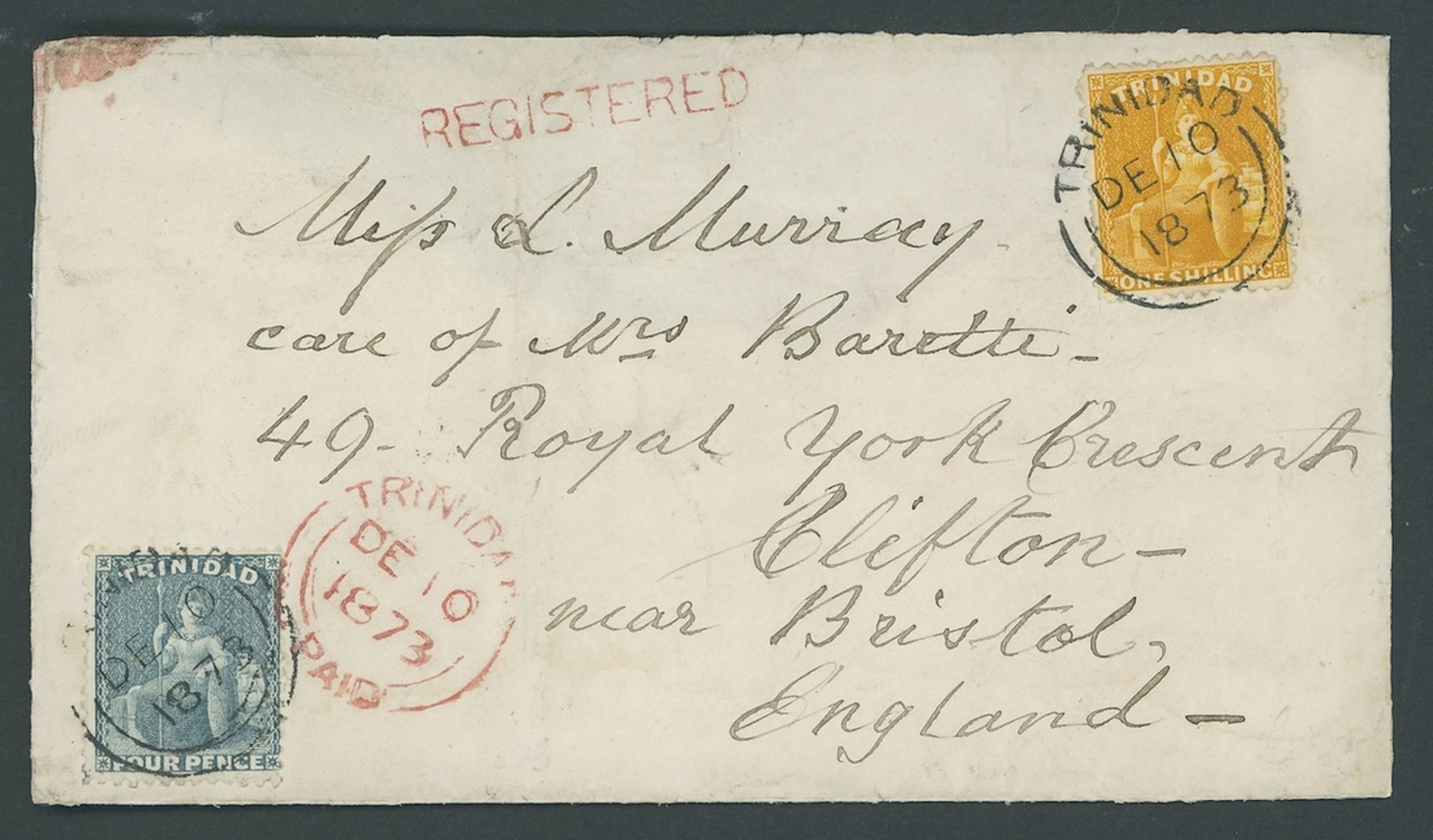 Trinidad Covers and Cancellations 1873 (10 Dec.) envelope registered