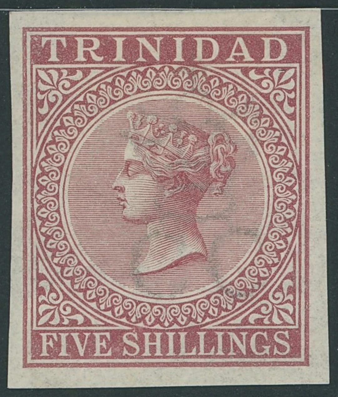 Trinidad 1869 5/- rose-lake imperforate plate proof on gummed watermarked