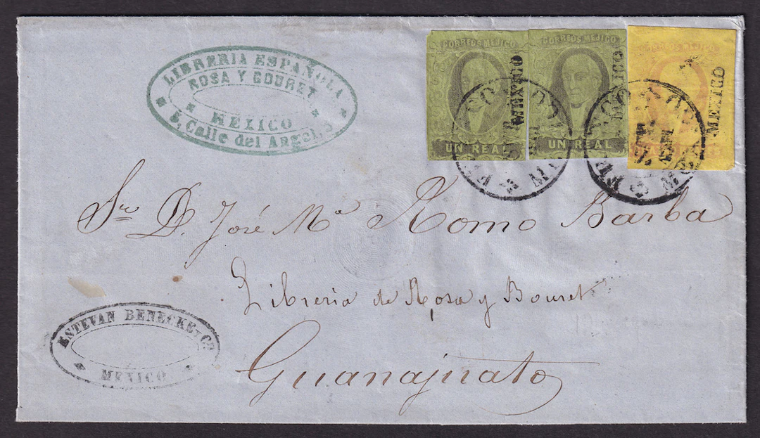 1861 "Hidalgos" Mexico District. 1r. Black on Green, two singles