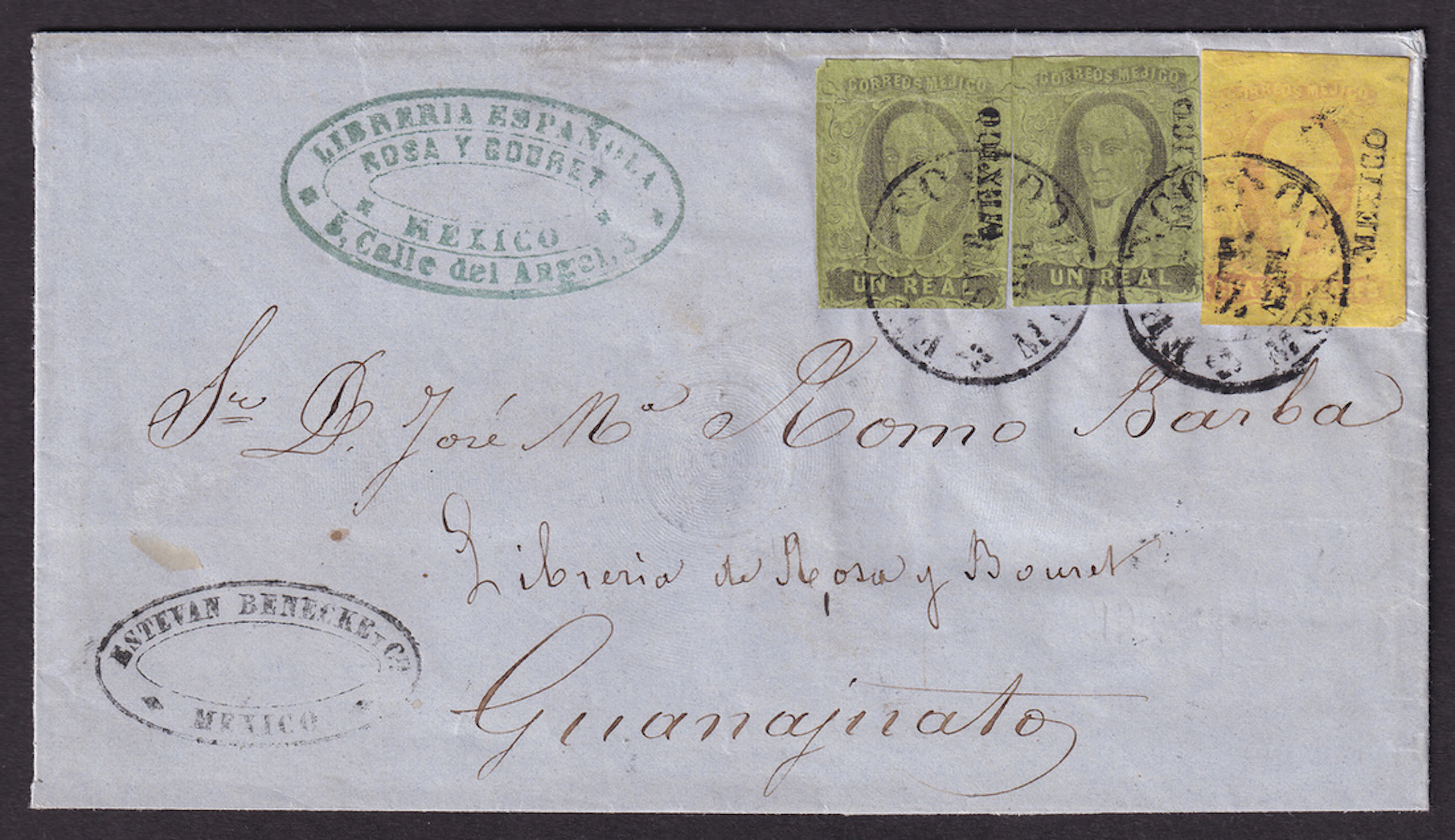 1861 "Hidalgos" Mexico District. 1r. Black on Green, two singles