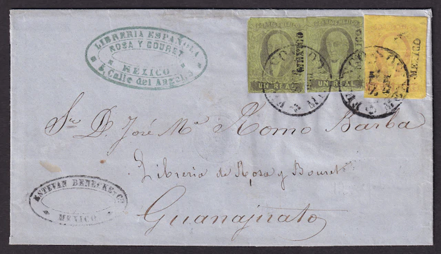 1861 "Hidalgos" Mexico District. 1r. Black on Green, two singles