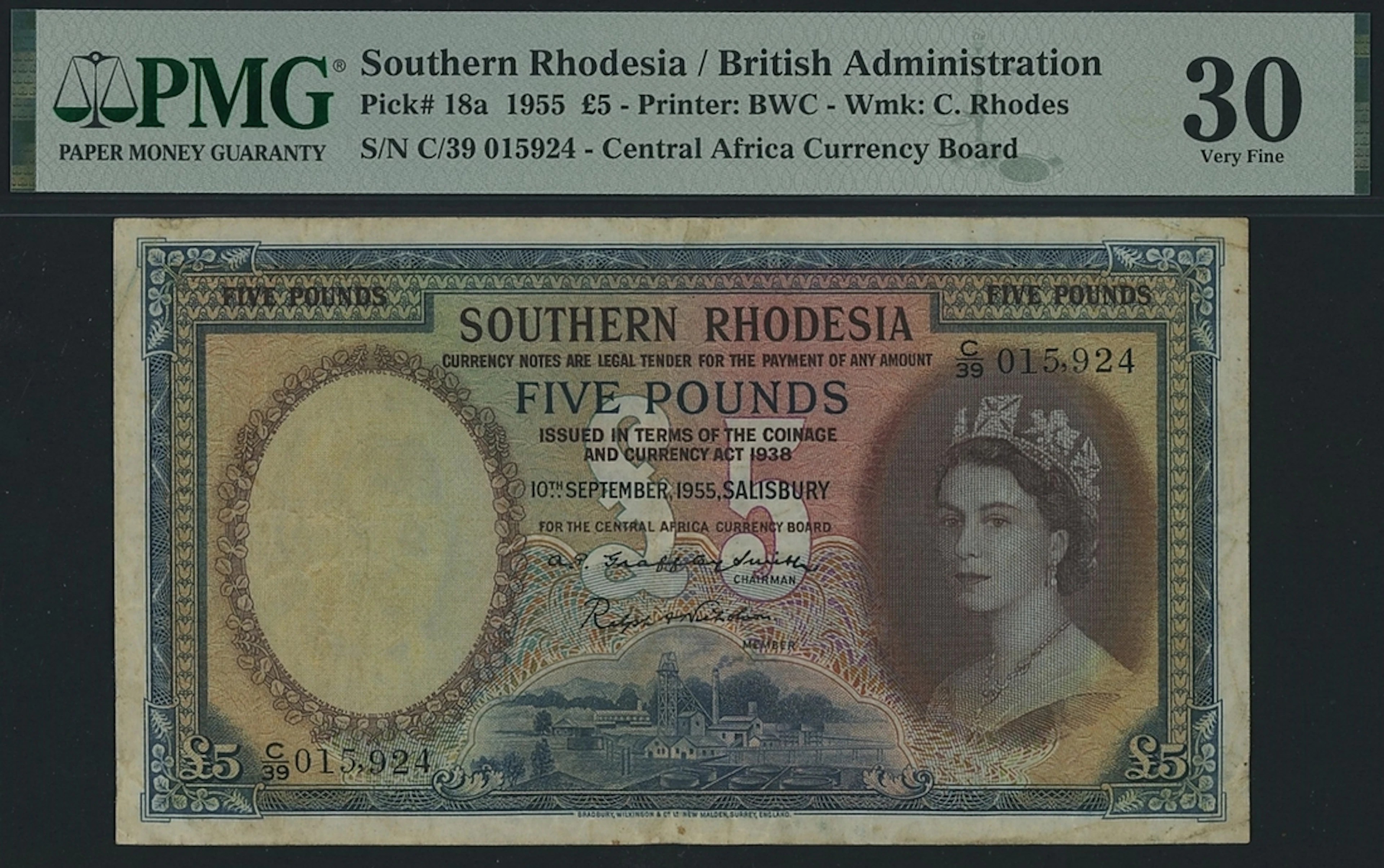 Southern Rhodesia, British Administration, £5, Salisbury, 10th September