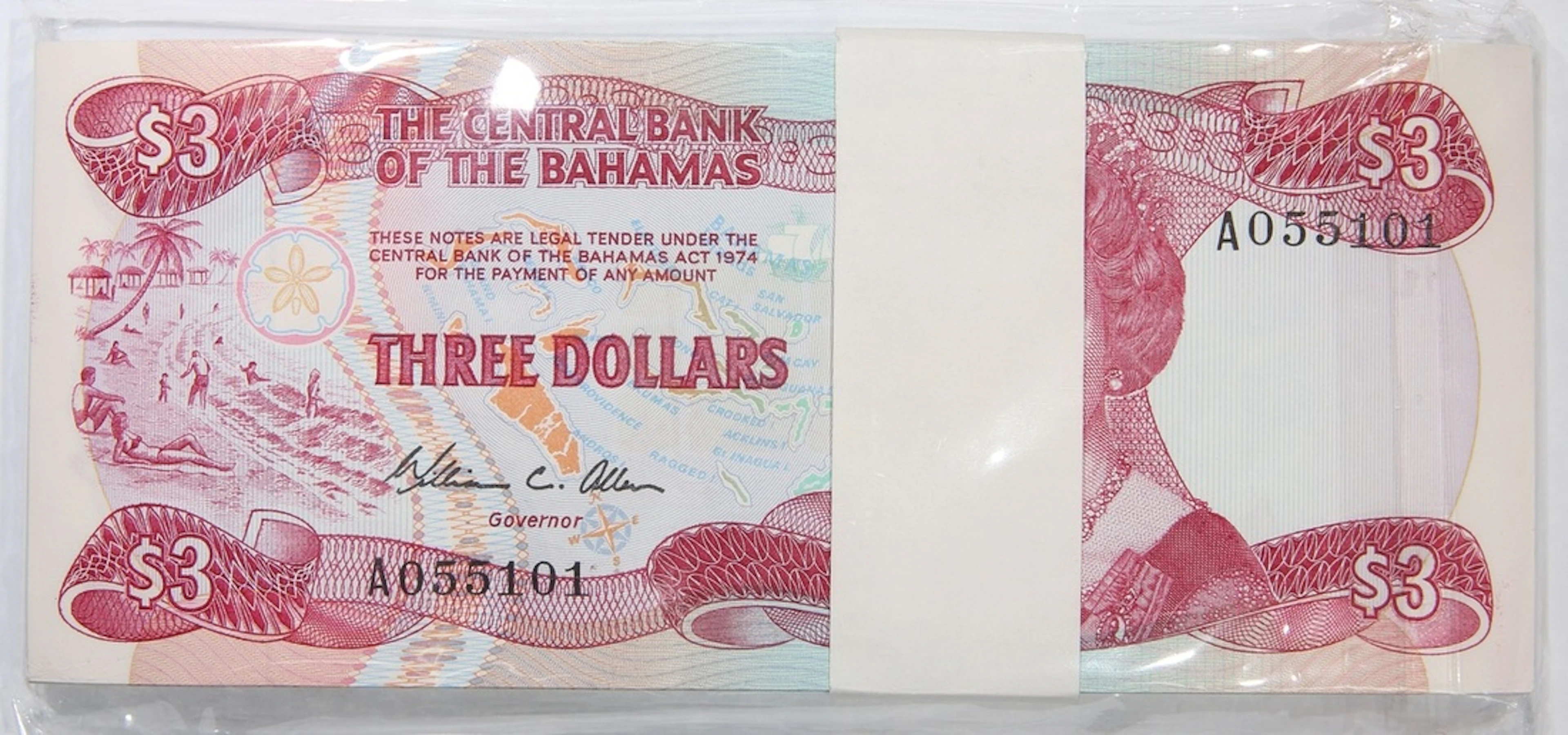 Central Bank of The Bahamas, consecutive bundle $3 (100), ND (1984)