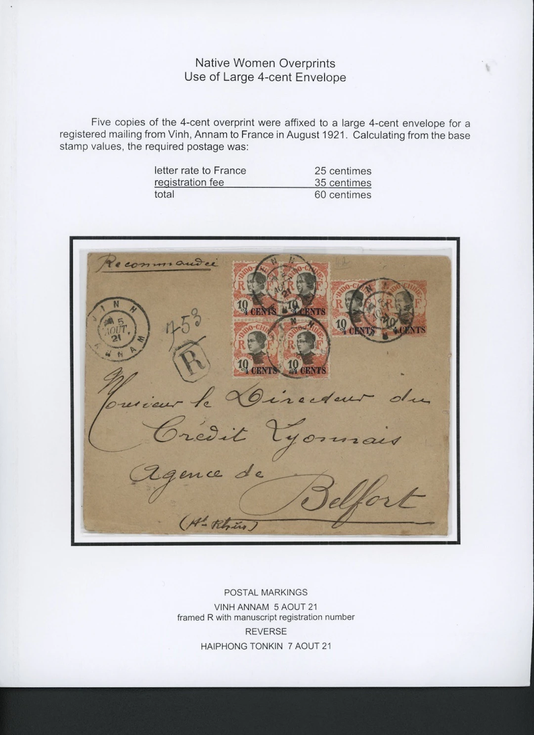 Indo-China French Indo-Chinese Post Office 1919 Native Women overprinted