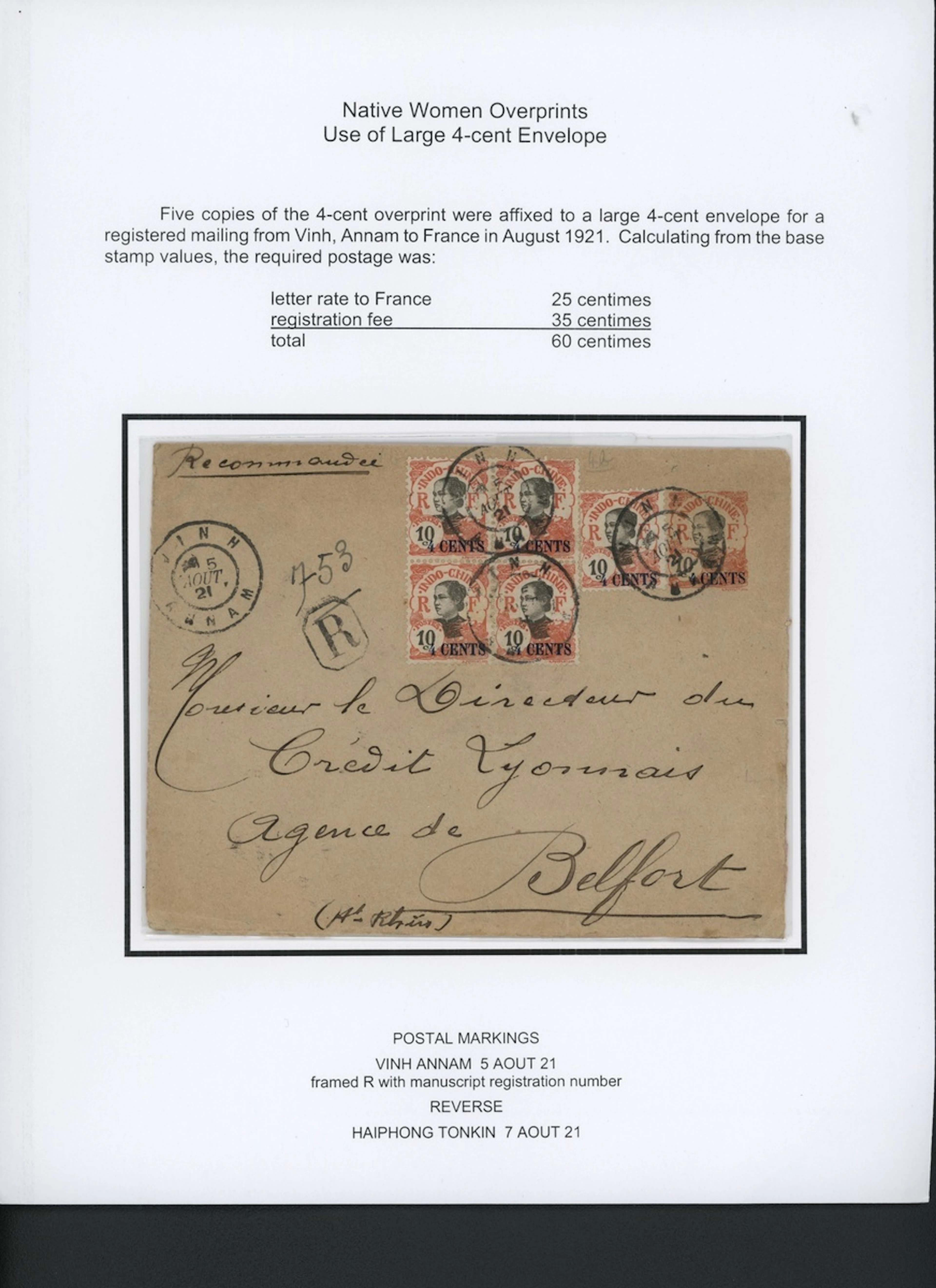 Indo-China French Indo-Chinese Post Office 1919 Native Women overprinted