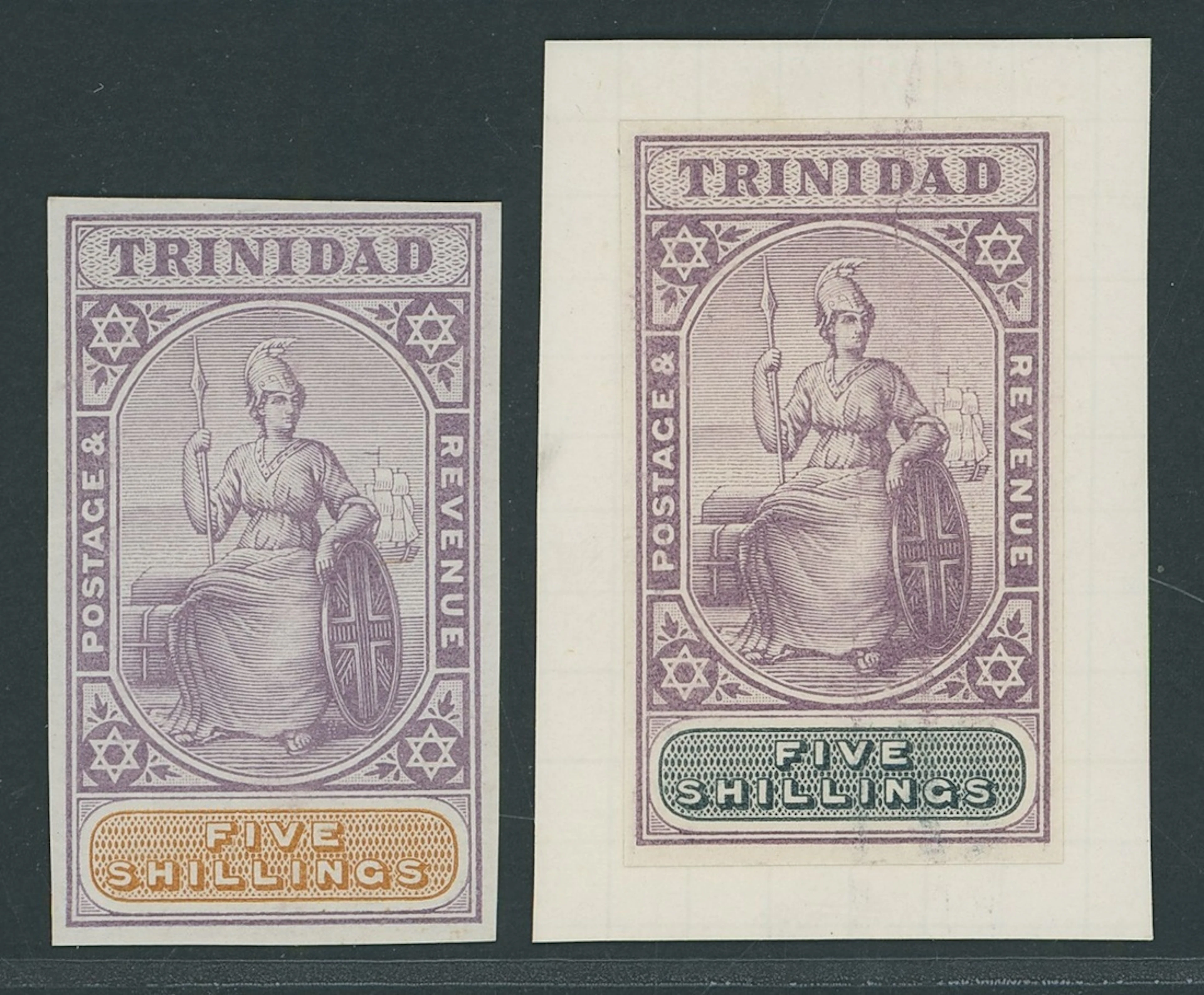 Trinidad 1896-1900 5/- imperforate colour trials (2), in dull purple
