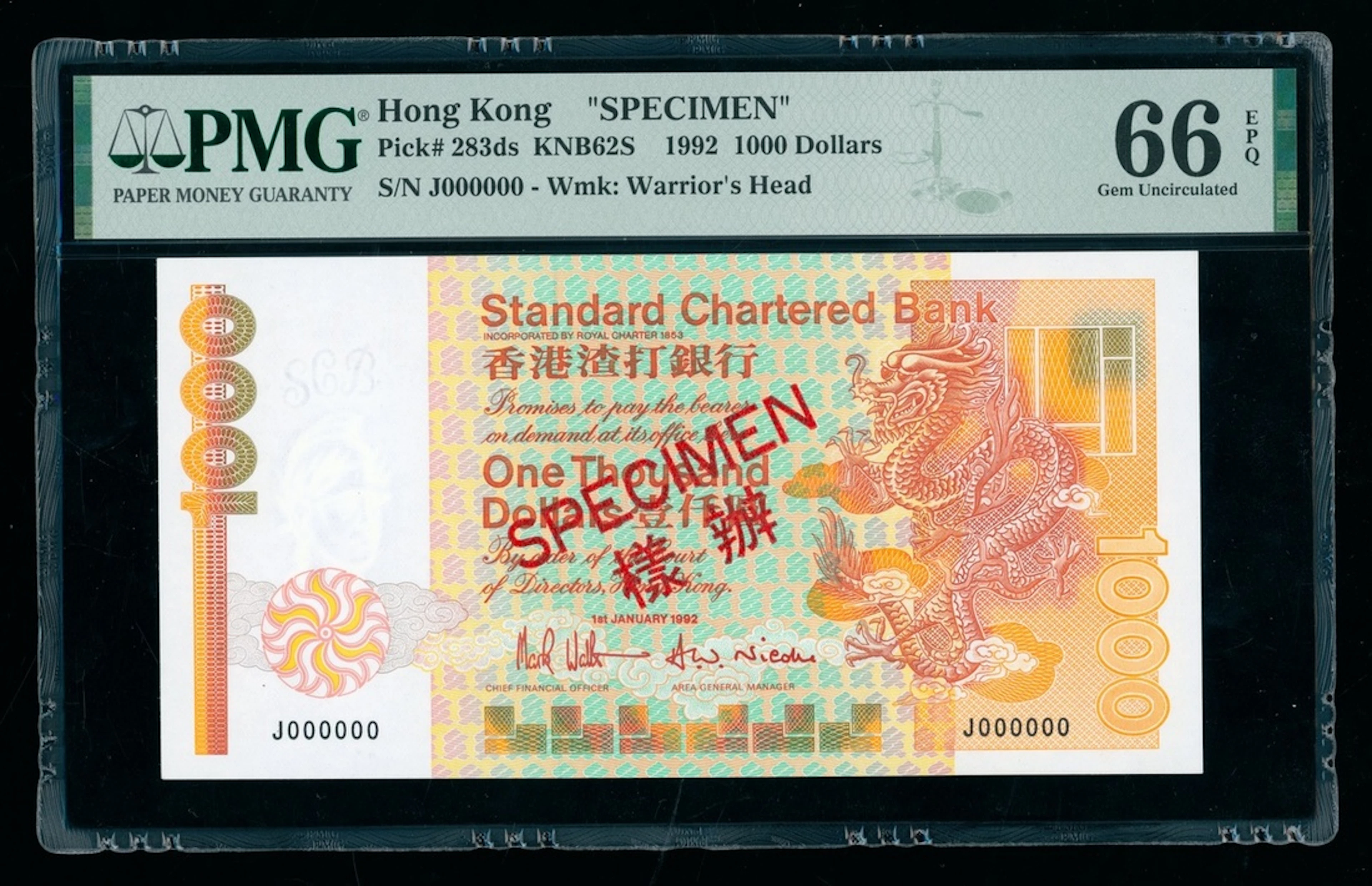 Standard Chartered Bank, Hong Kong, specimen $1000, 1.1.1992, serial
