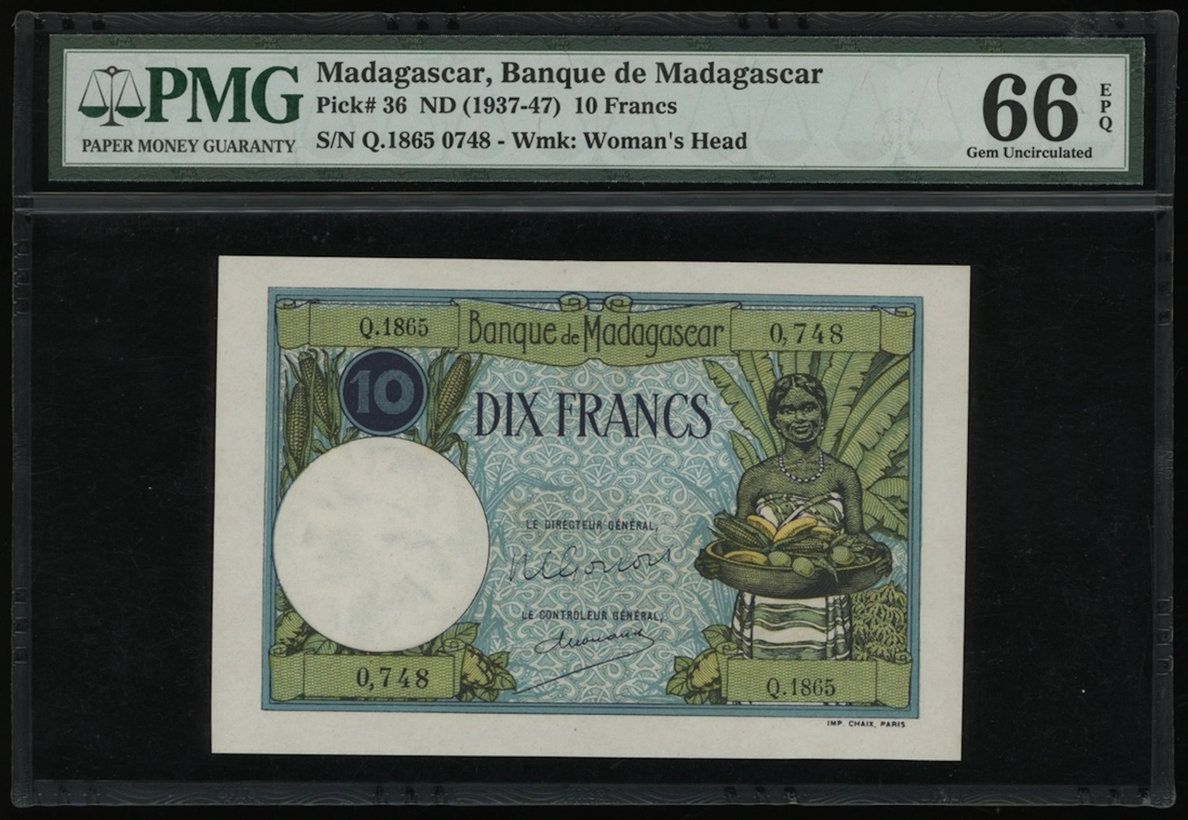 Banque de Madagascar, 10 francs, ND (1937-47), serial number Q.1865