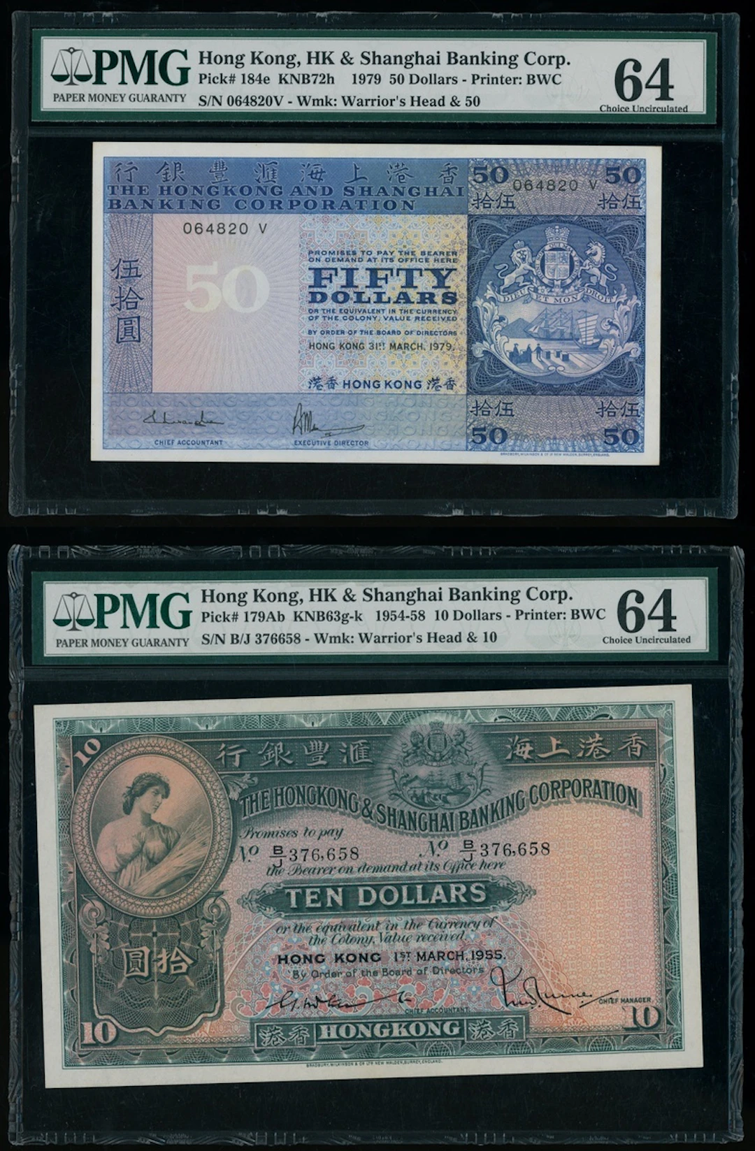 HongKong & Shanghai Banking Corporation, a pair, including $10 1955