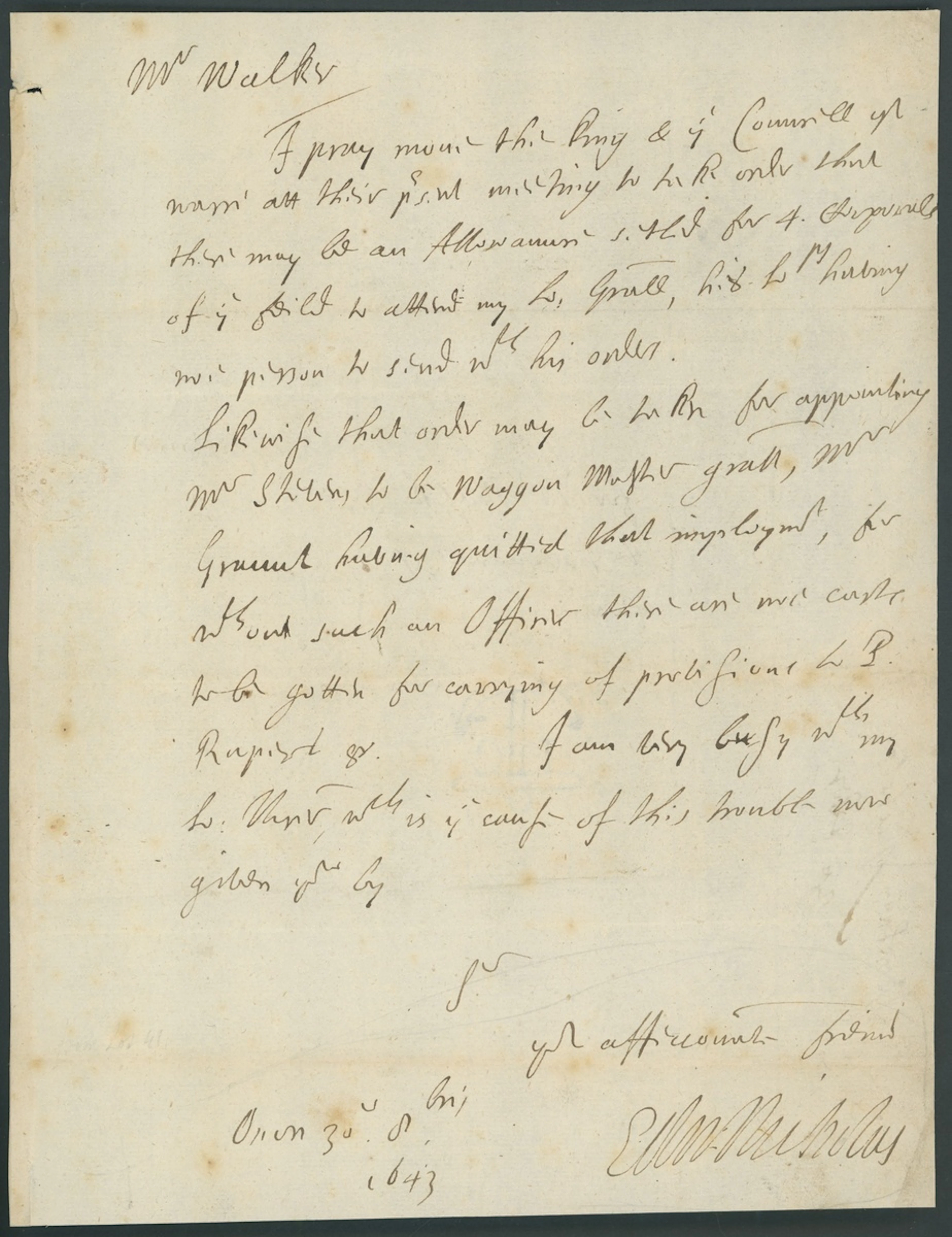 Sir Edward Nichols 1643 (30 October) autograph letter signed at Oxford