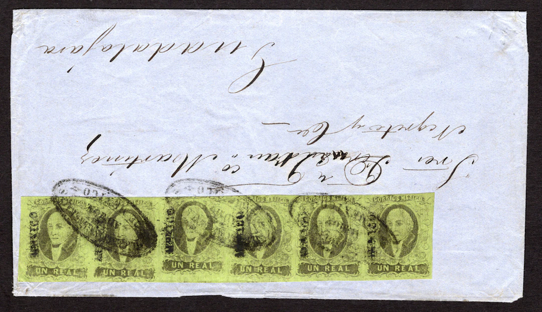 1861 "Hidalgos" Mexico District. 1r. Black on Green, rare strip of
