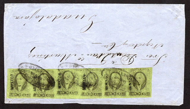 1861 "Hidalgos" Mexico District. 1r. Black on Green, rare strip of