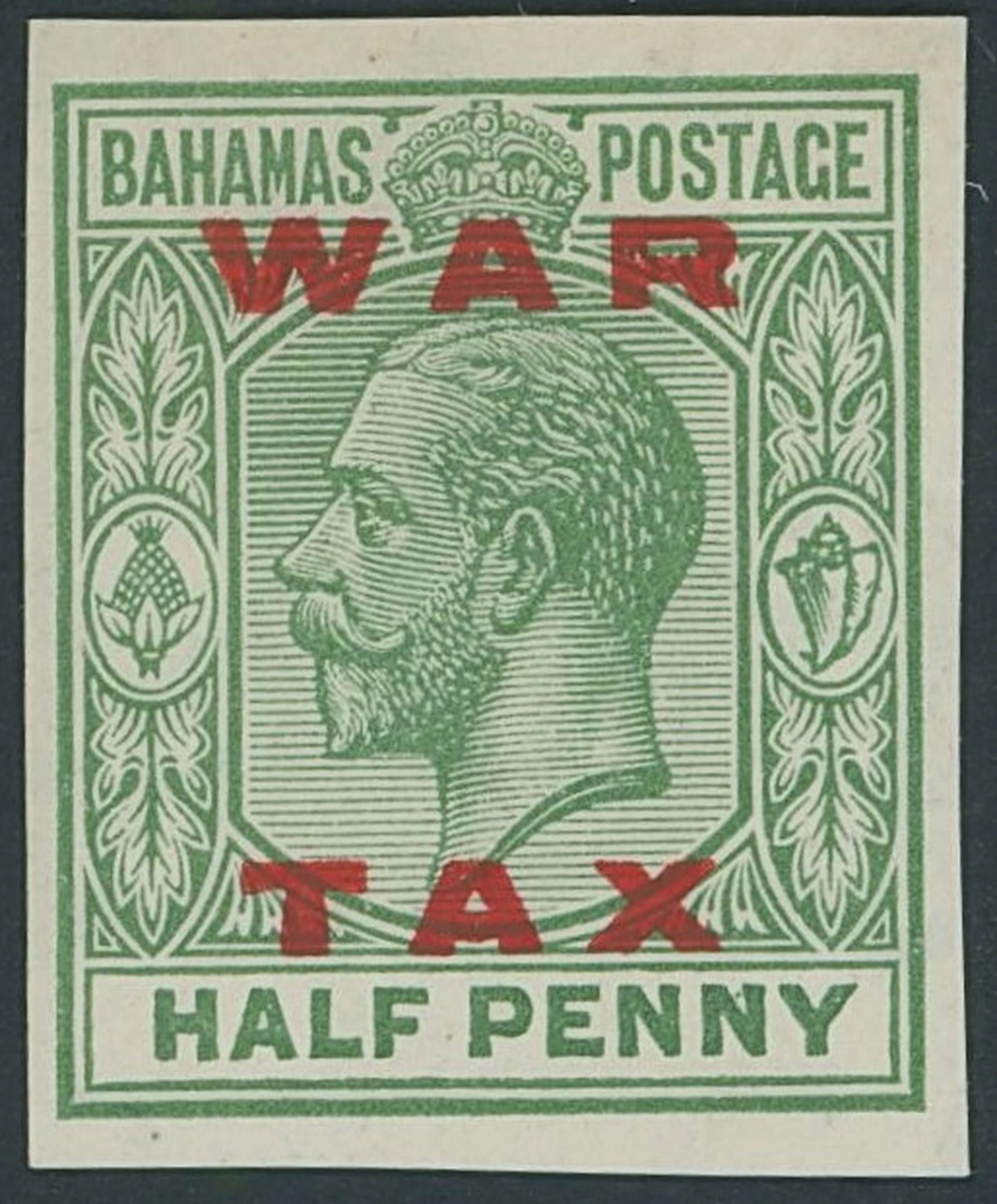 Bahamas 1919 (July) War Tax ½d. green, variety imperforate, tiny central