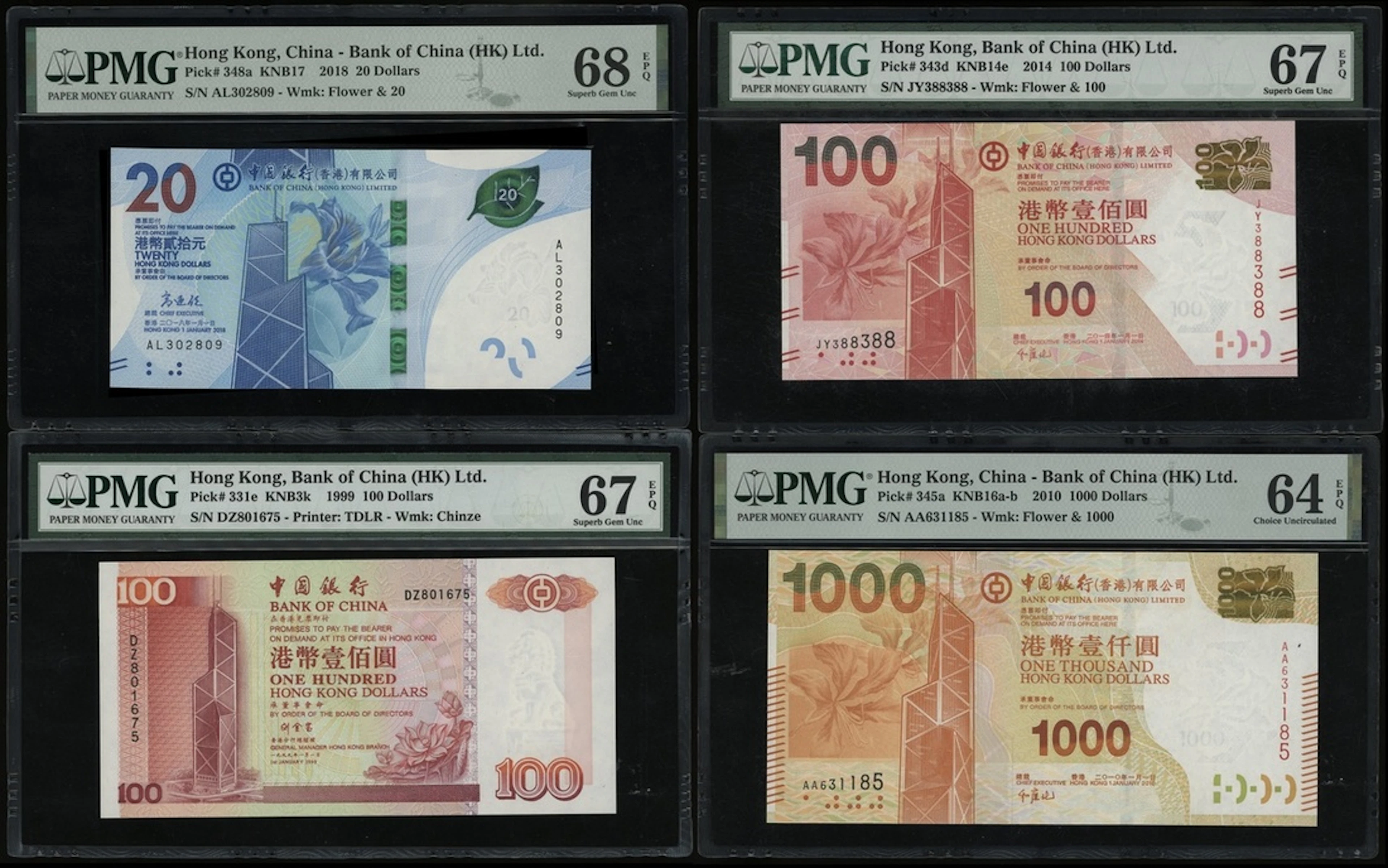 Bank of China, Hong Kong, a group of 4x, including: $20, 1.1.2018;