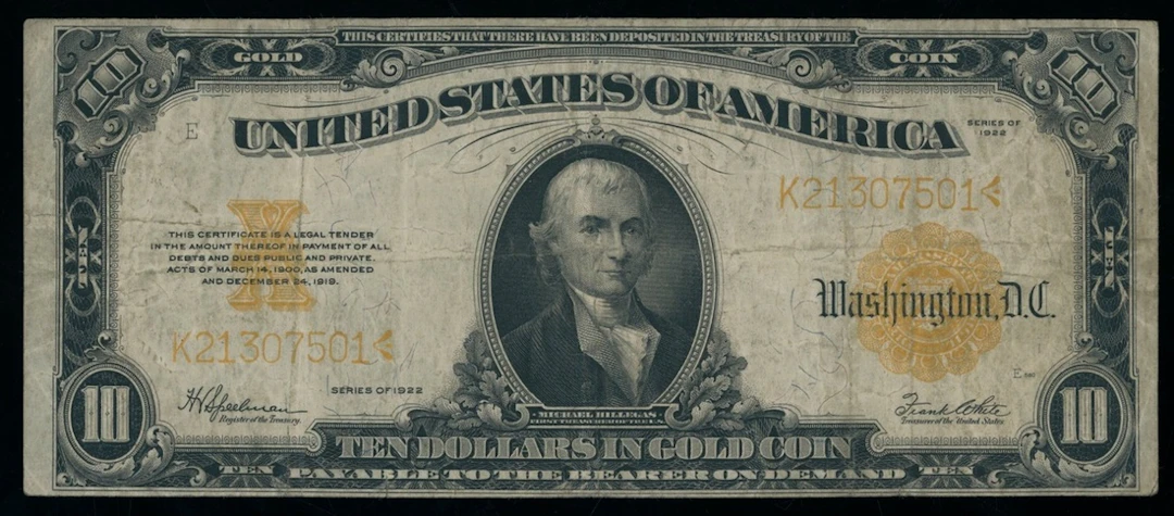 United States, Gold Certificate, $10, 1922, serial number K21307501
