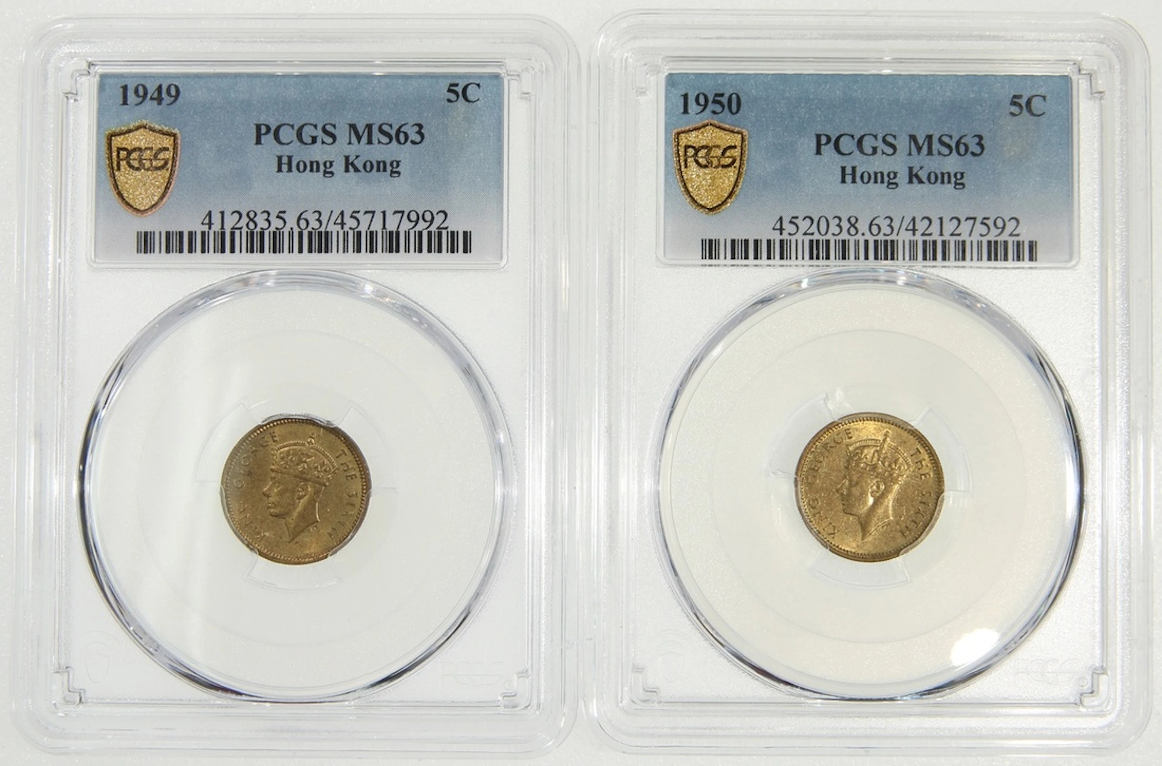 Hong Kong, [PCGS MS63] a pair of nickel brass 5 cents, 1949 and 1950