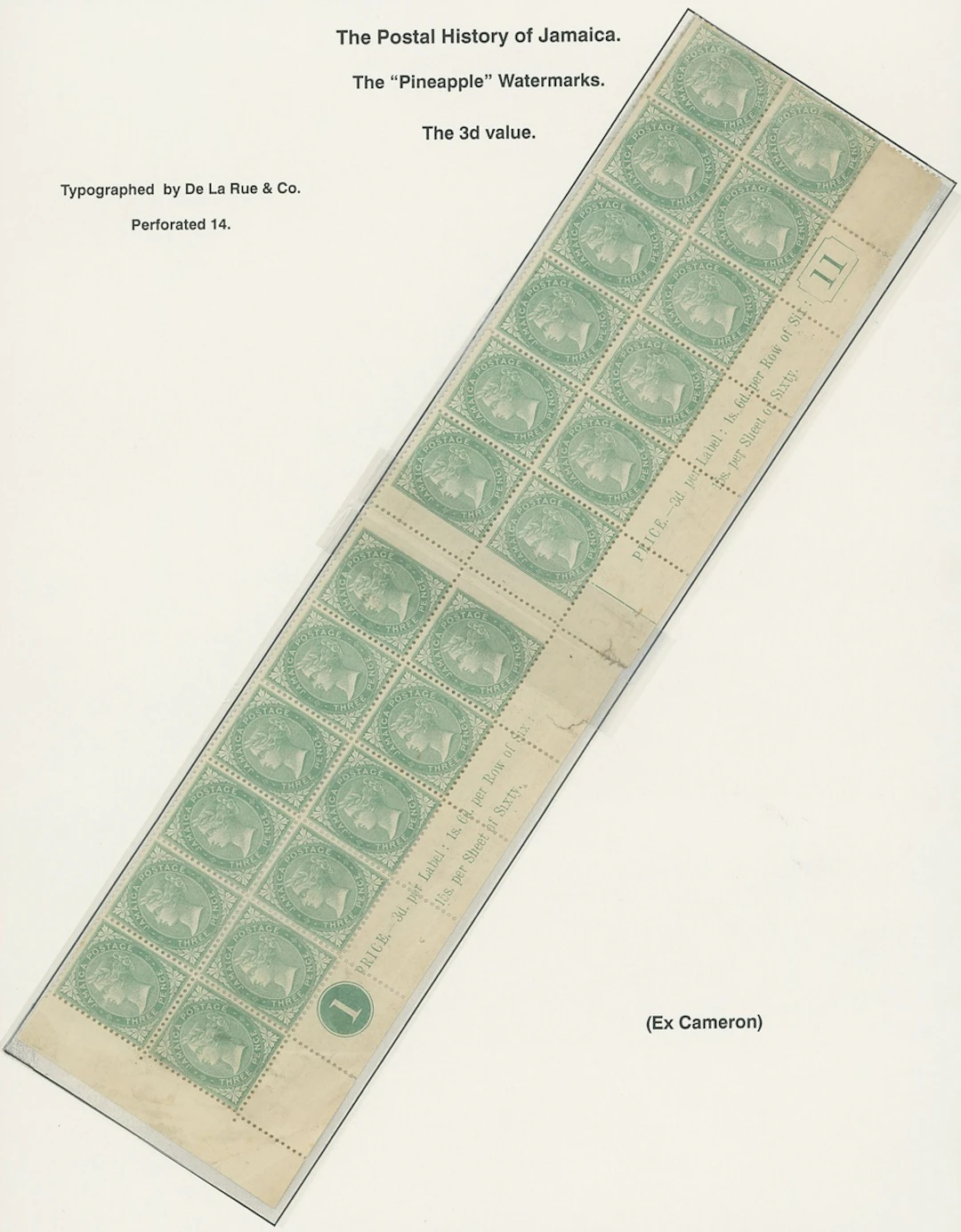 Jamaica 1860-70 Watermark Pineapple Issued Stamps 3d. green block
