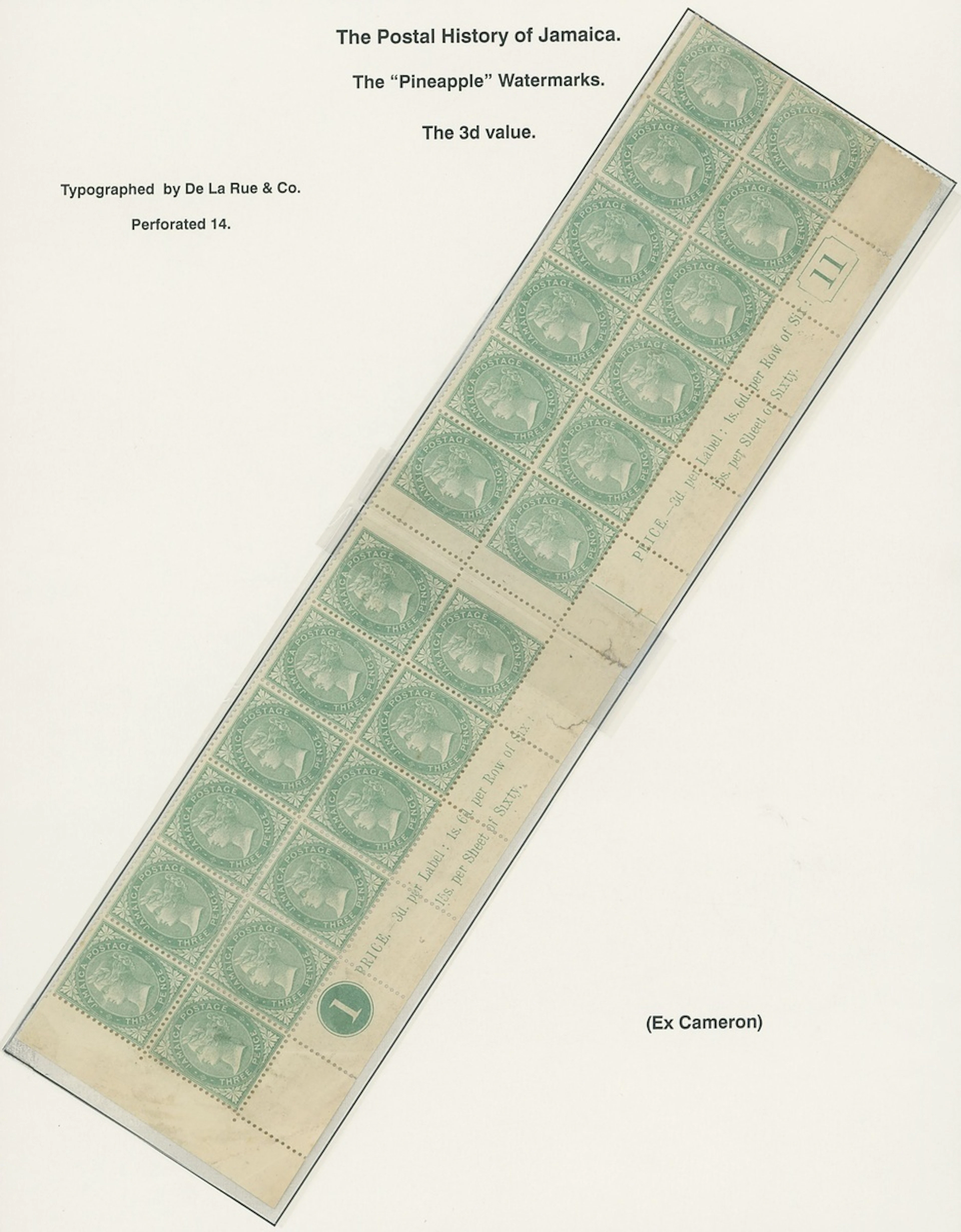 Jamaica 1860-70 Watermark Pineapple Issued Stamps 3d. green block