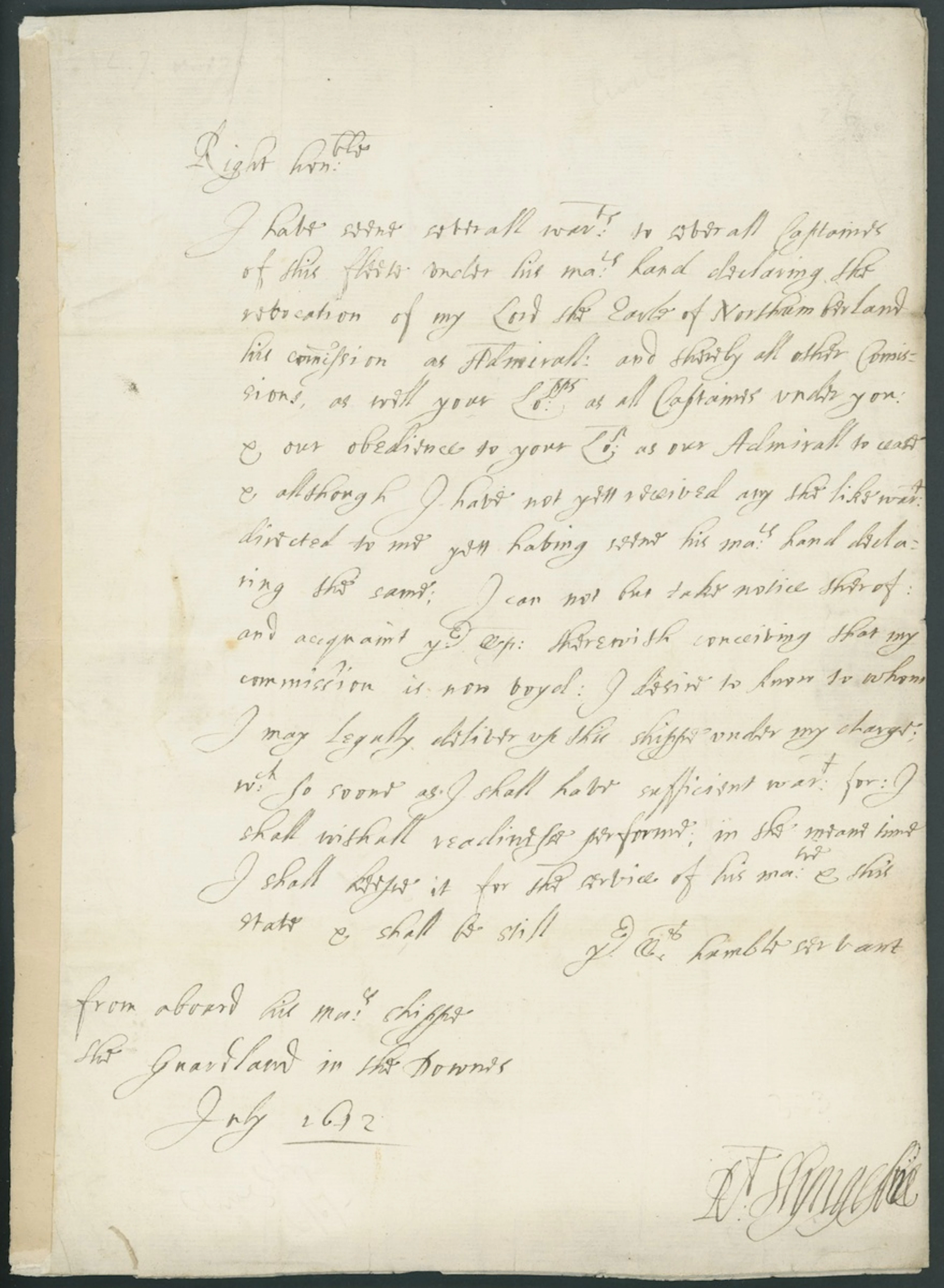 Naval 1642 (July) letter signed [Sir] Rt[Robert] Slingsby "From abord