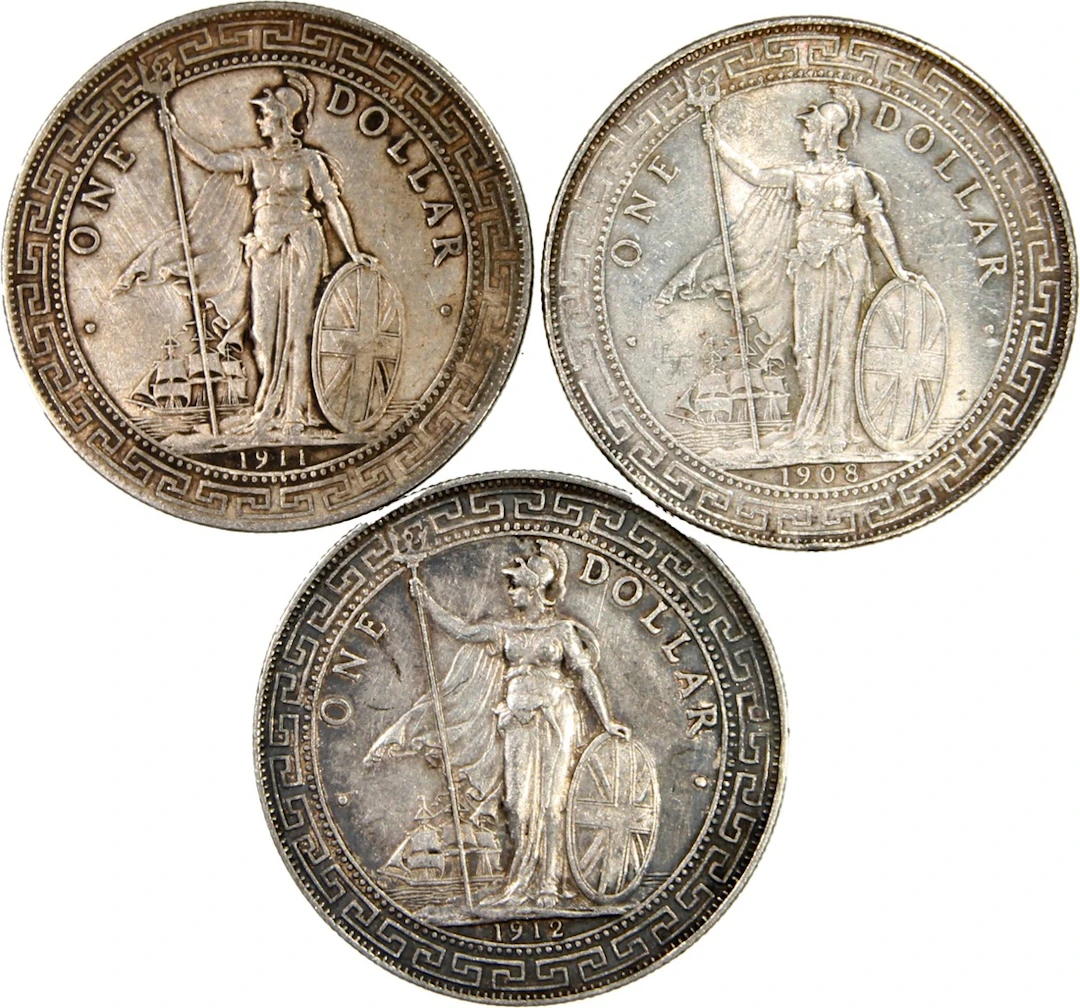 Great Britain, Trade Dollar, a trio of silver dollars, 1908B, 1911B