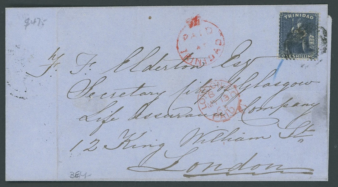 Trinidad Covers and Cancellations 1863 (26 Apr.) entire to London