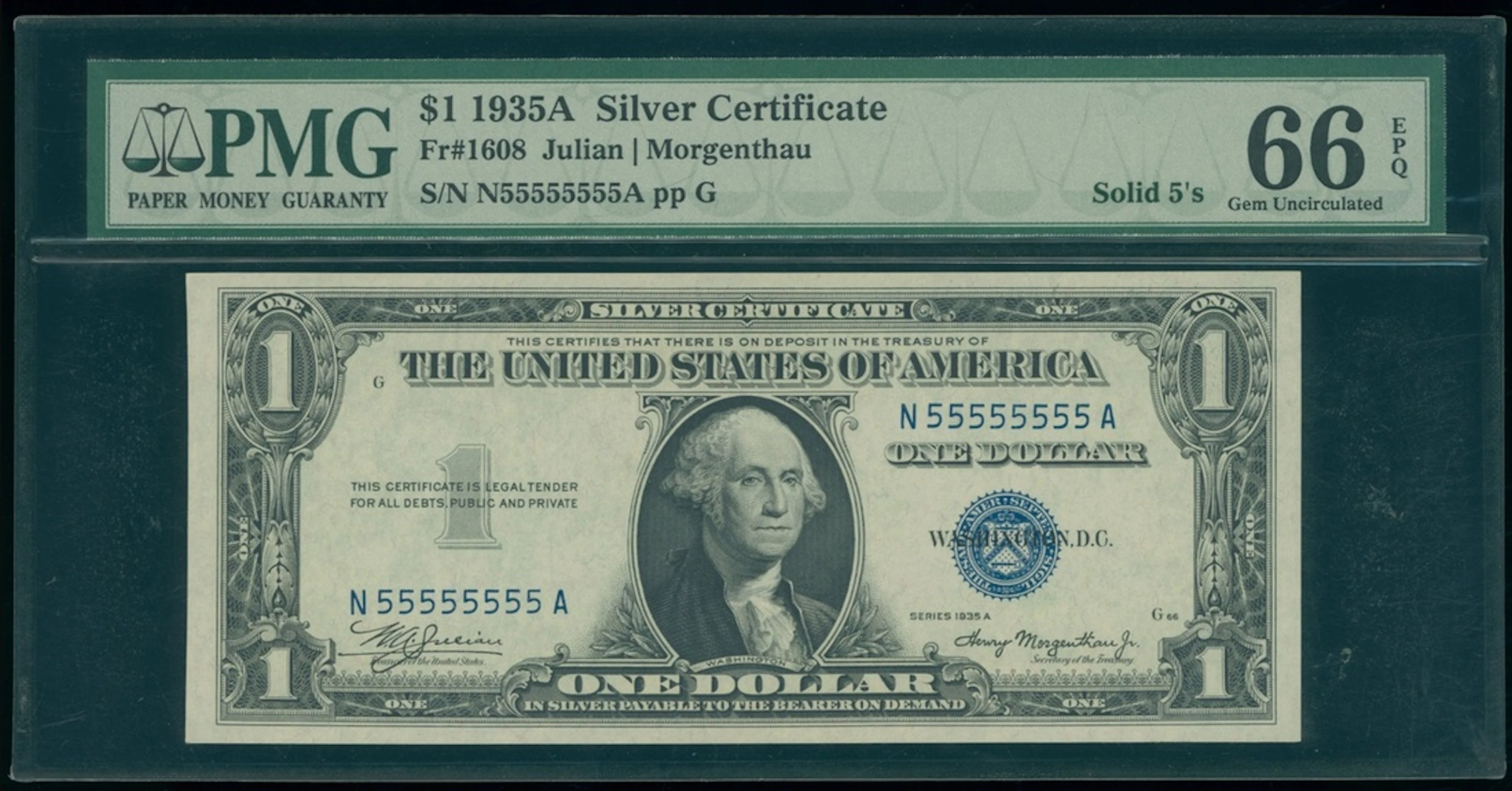 United States, Silver Certificate, $1, 1935A, solid serial number N55555555A