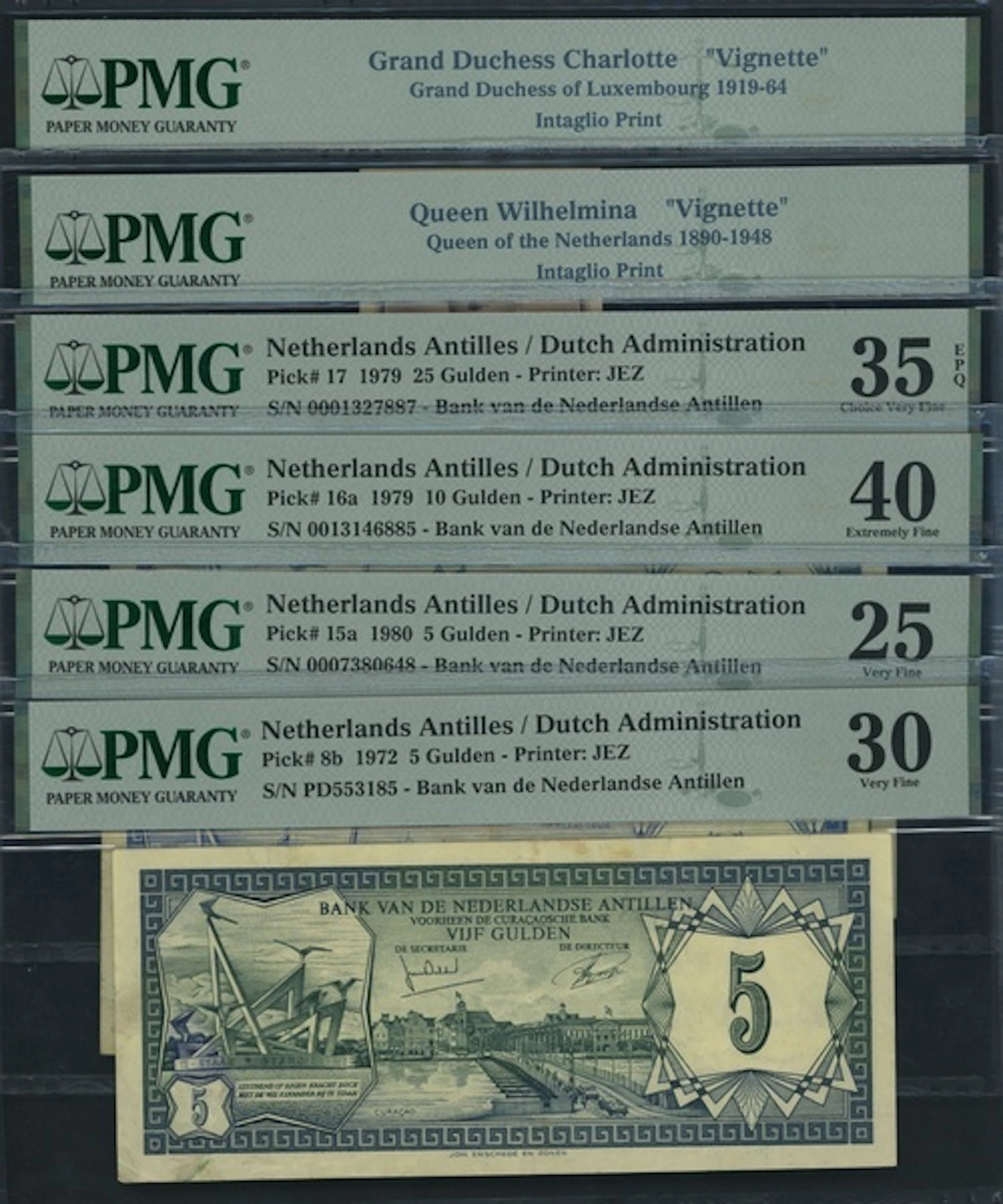 World Banknotes, [4 notes & 2 Vignettes] 5, 40 & 25 Gulden, 1840-1980
