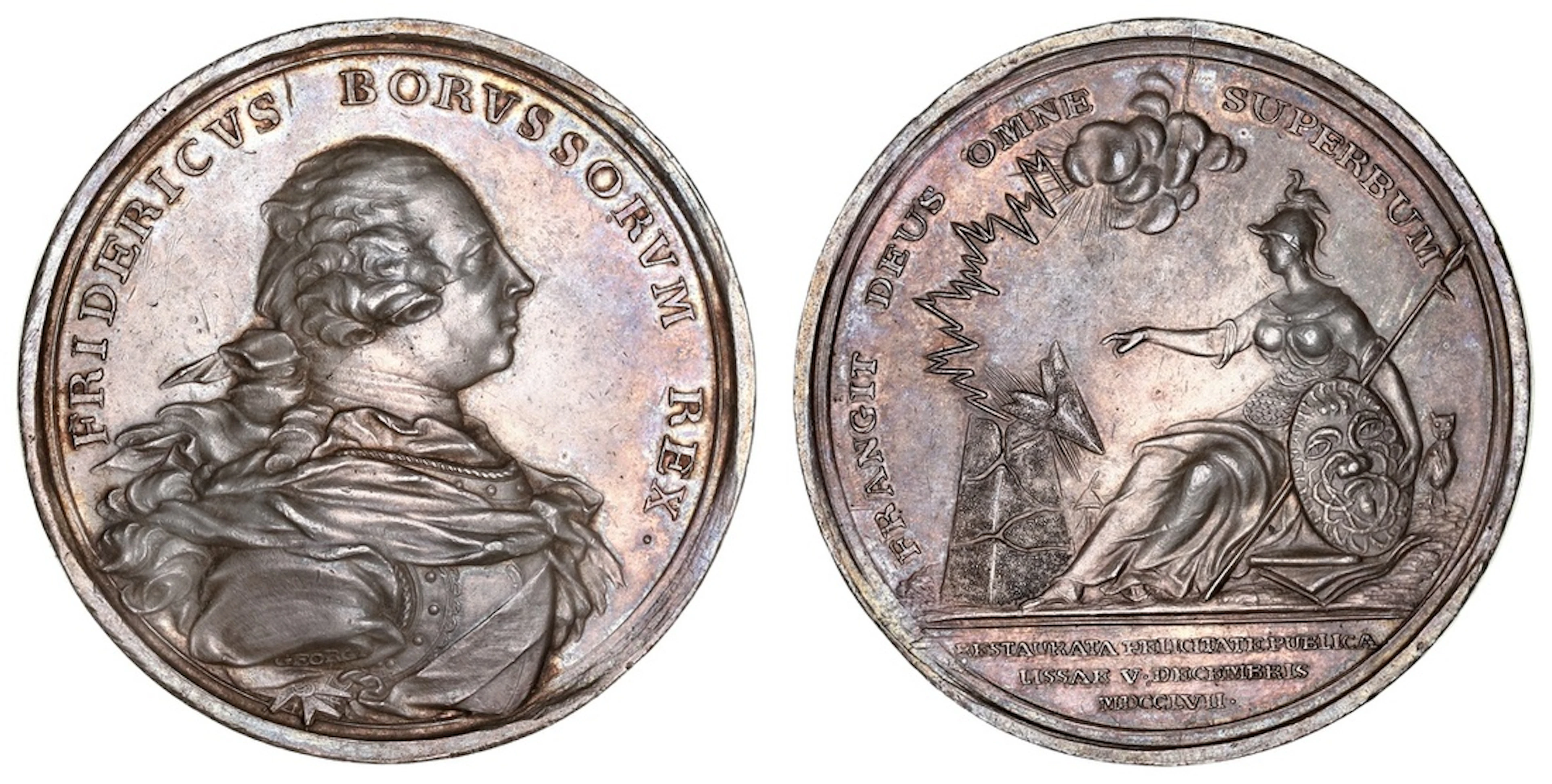NGC AU58 | Battle of Leuthen, AR Medal, 1757, by N. Georgi, FREDERICVS