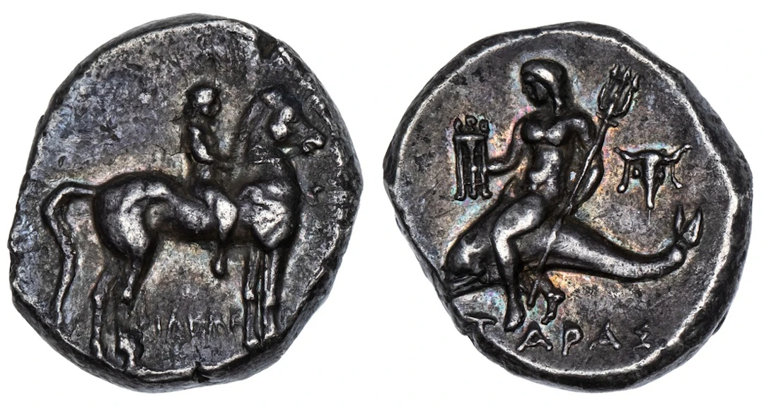 Calabria, Tarentum, AR Nomos, struck 272-240 BC, PHILHME-N[OS], nude