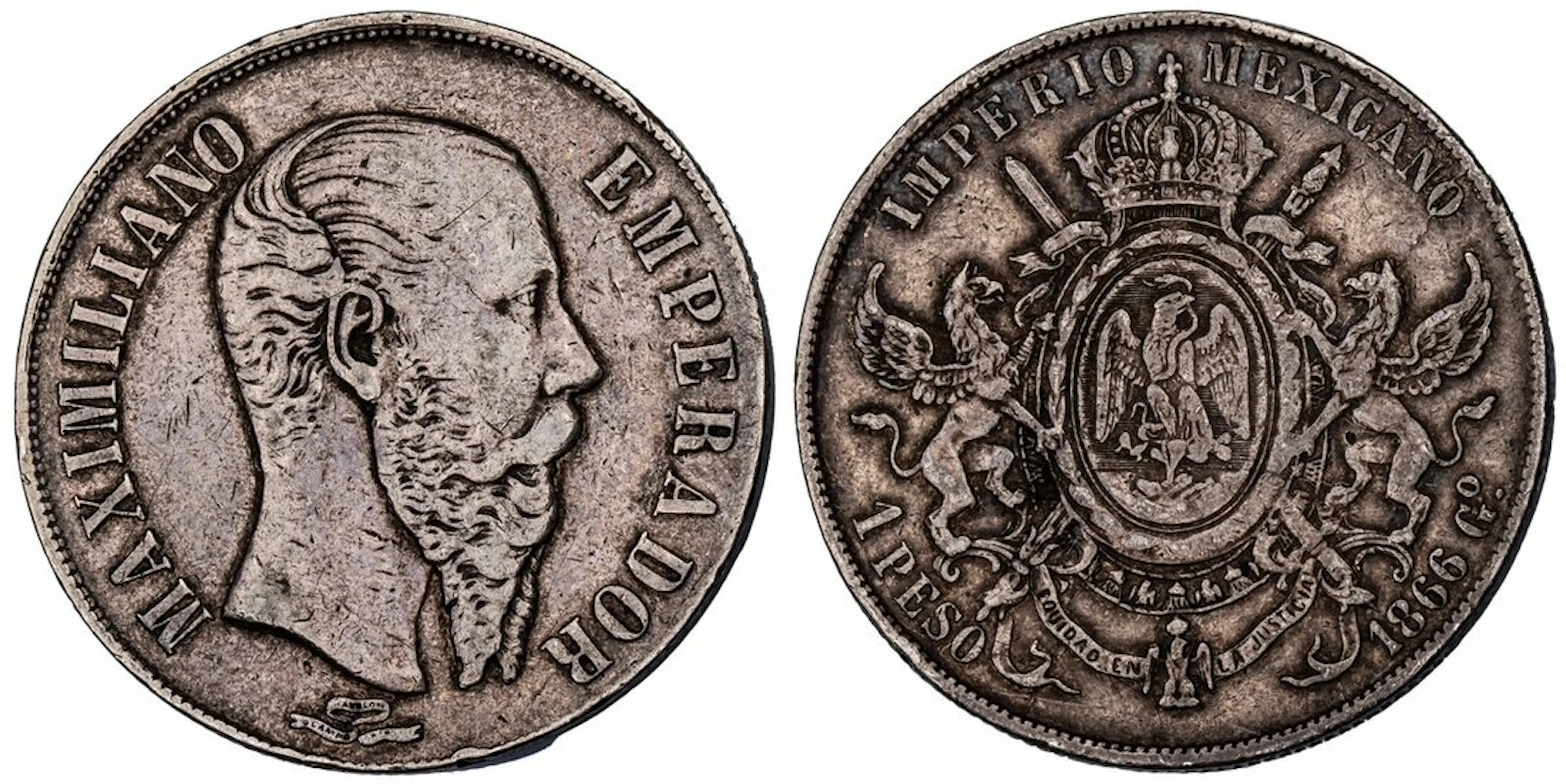 Mexico, Maximilian I (1863-1867), 1 Peso, 1866-Go, Casa de Moneda