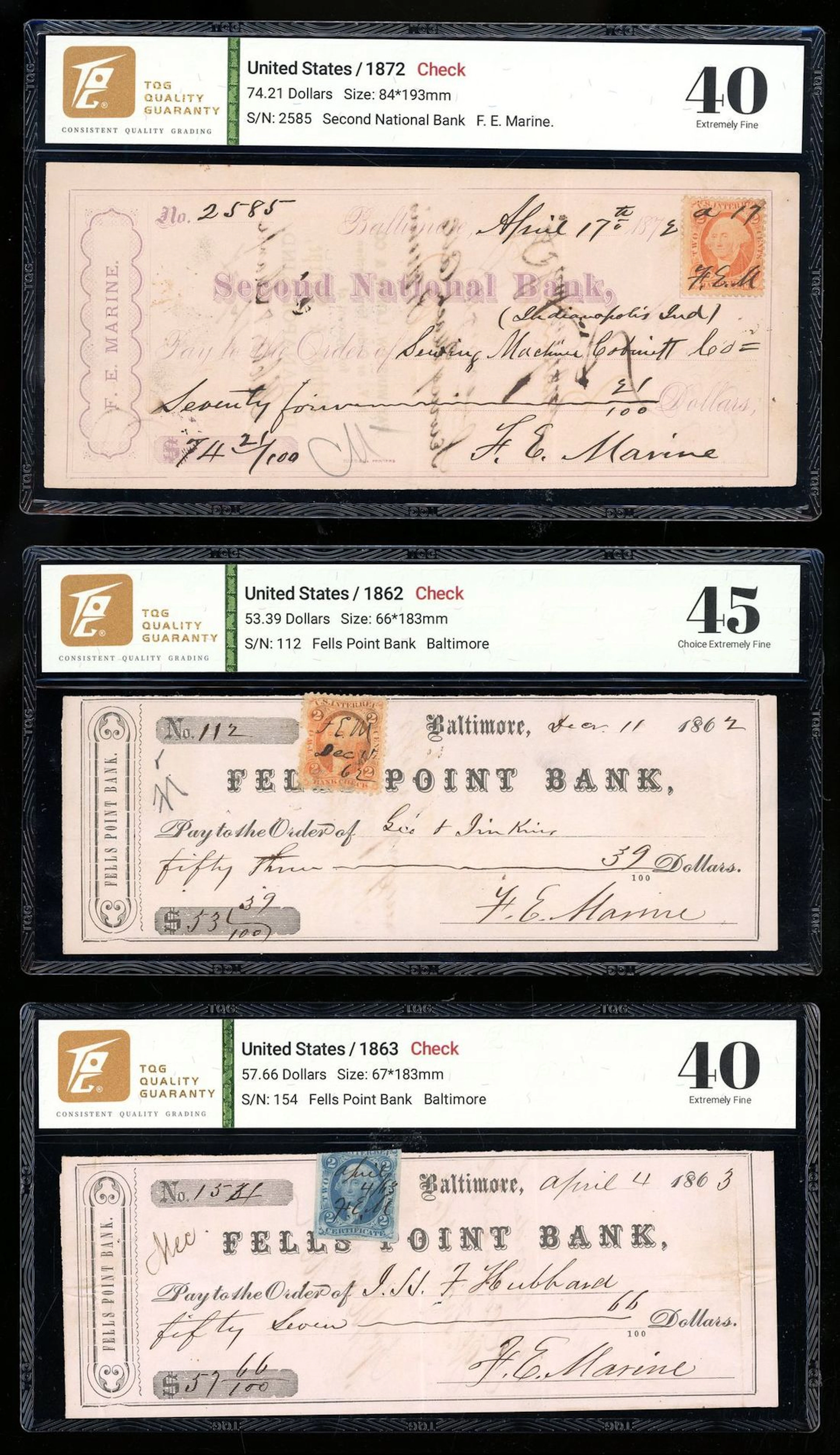United States, a group of 3x cheques, including Fells Point Bank