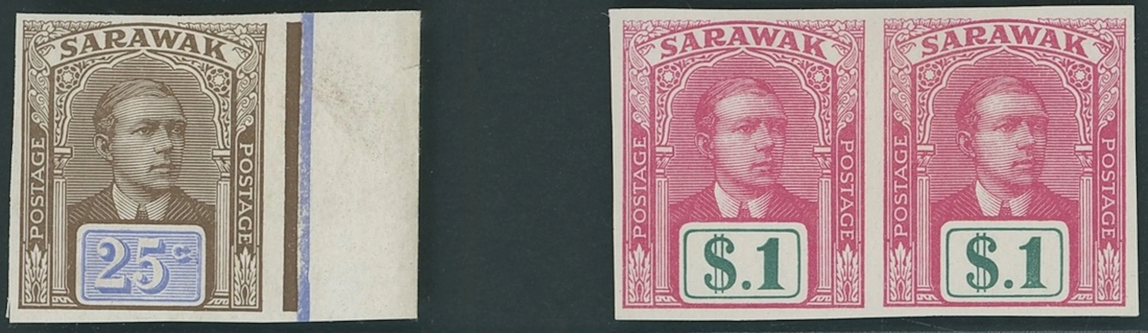 Sarawak 1918 Sir Charles Vyner Brooke Imperforate Plate Proofs 25c.