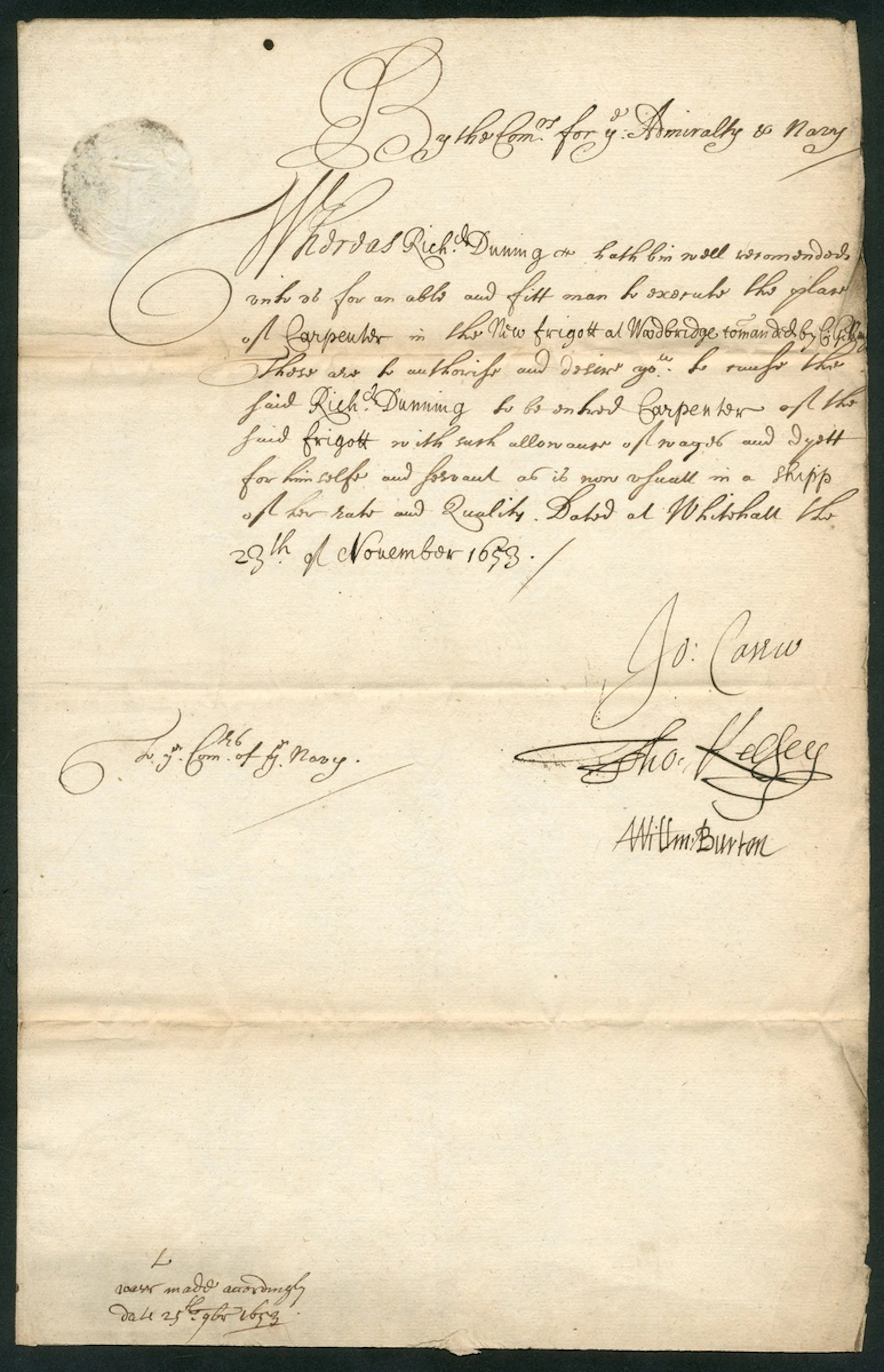 John Carew - Regicide 1653 (13 November) letter "By the Commission