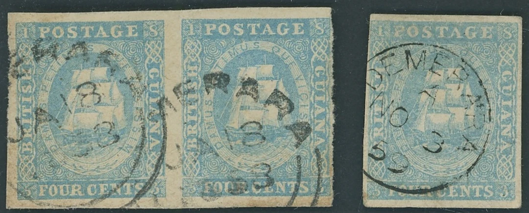 British Guiana 1853-55 4c. pale blue, pair and single, each with close