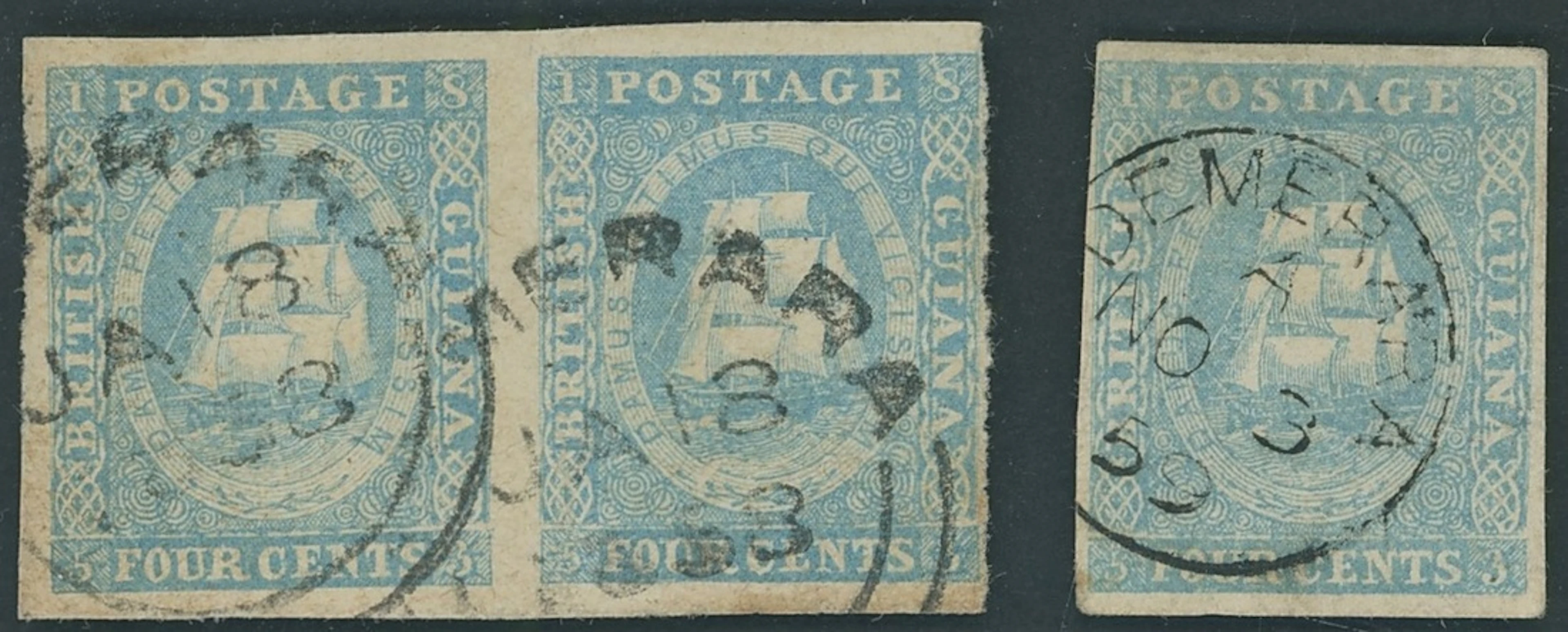 British Guiana 1853-55 4c. pale blue, pair and single, each with close