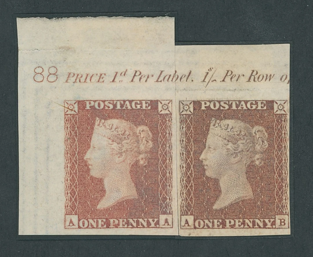 Great Britain 1841-53 One Penny Red-Brown Plate 88: AA-AB, imperforate