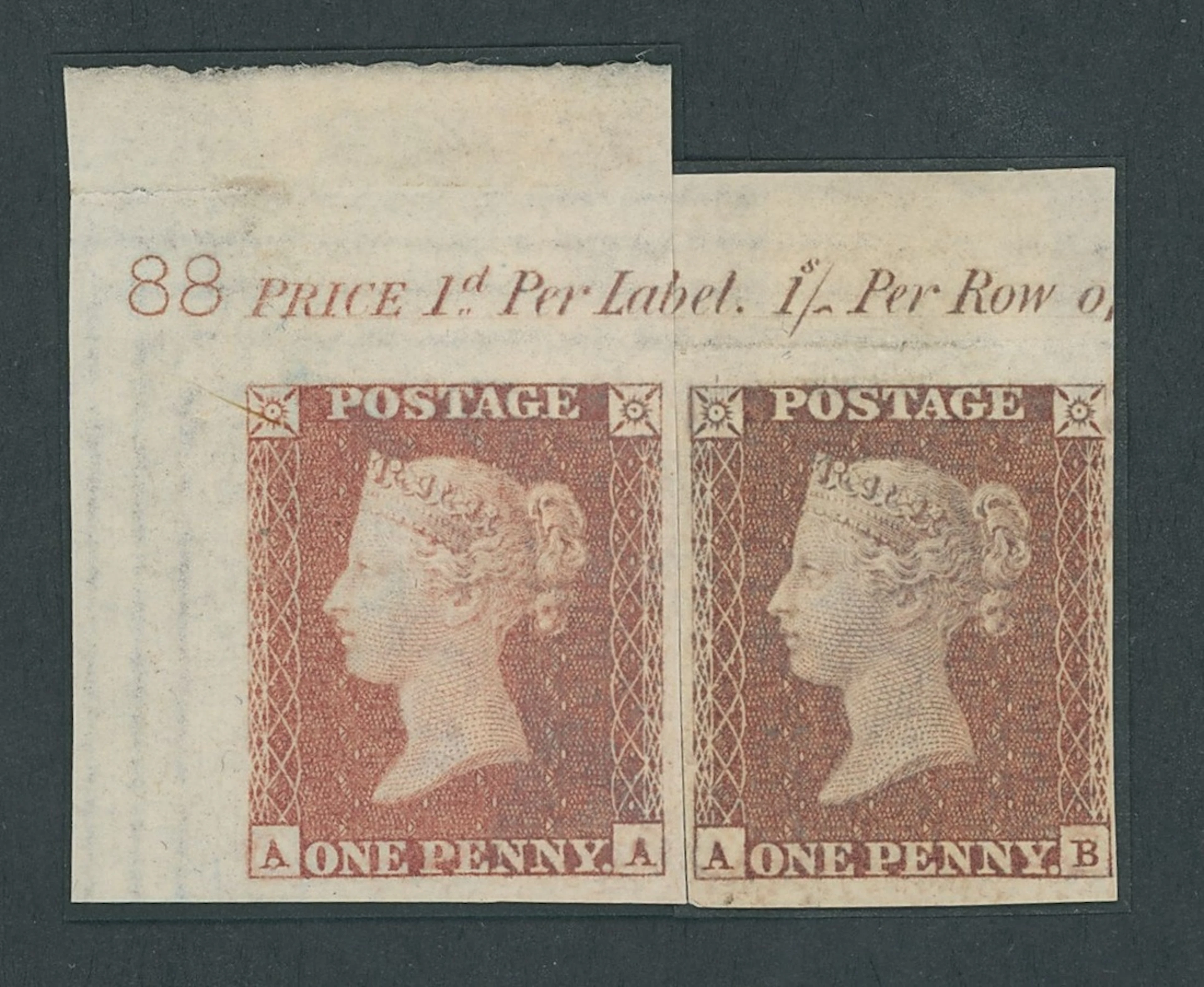 Great Britain 1841-53 One Penny Red-Brown Plate 88: AA-AB, imperforate