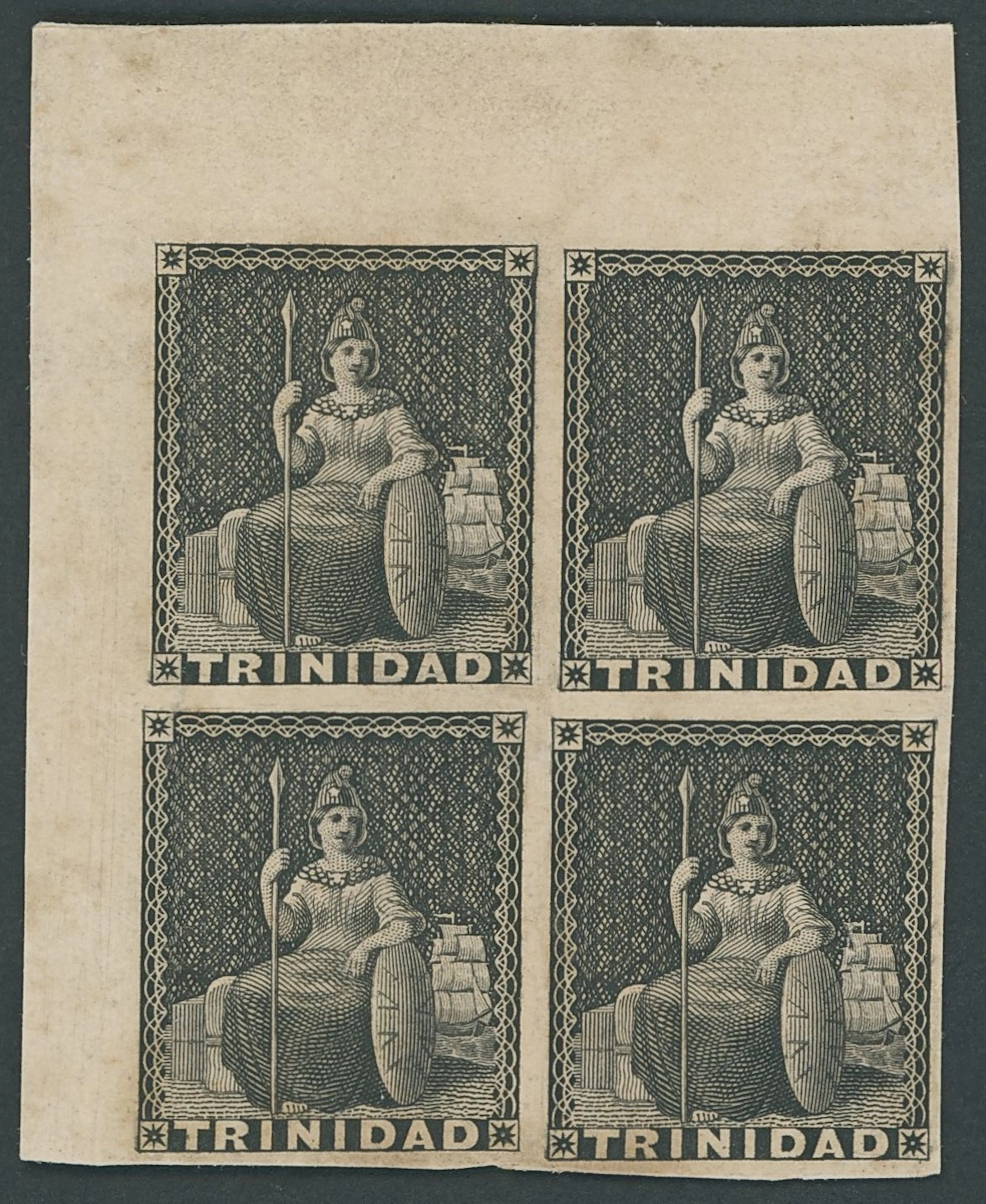 Trinidad 1851 top left corner imperforate plate proof block of four