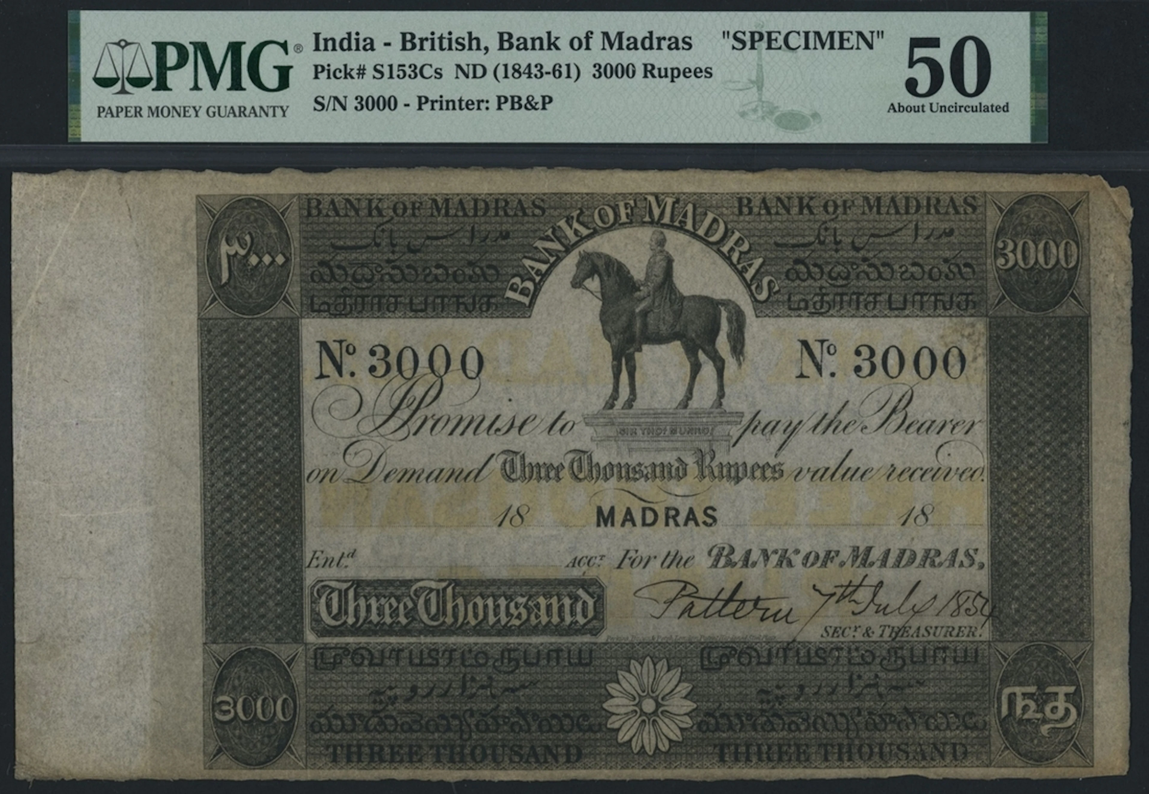 Bank of Madras, India - British, *TOP POP* specimen 3000 Rupees, 7th