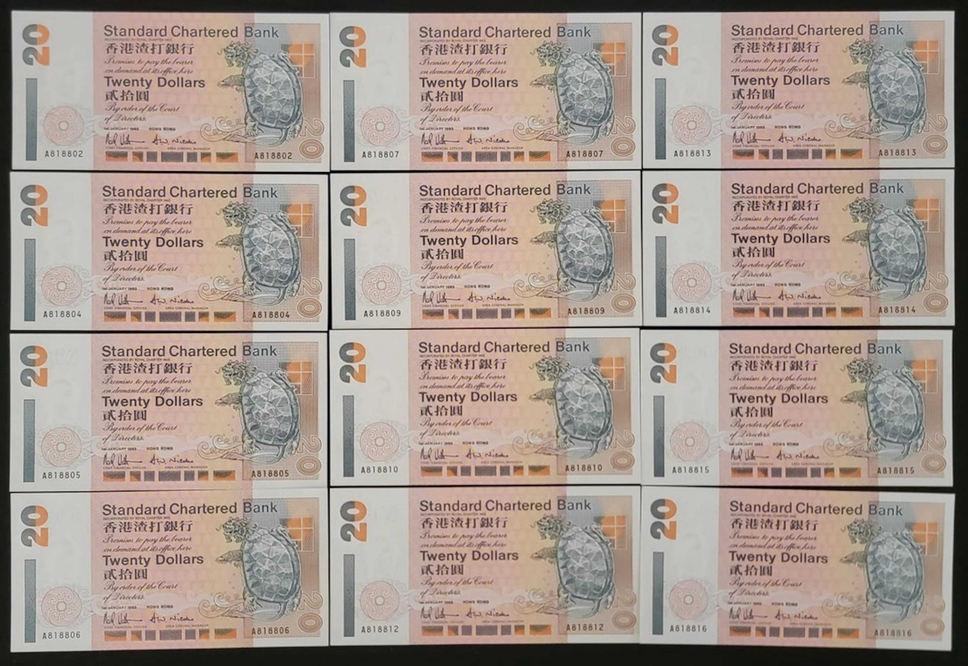 Standard Chartered Bank, Hong Kong, $20 (12), 1.1.1994, seral numbers