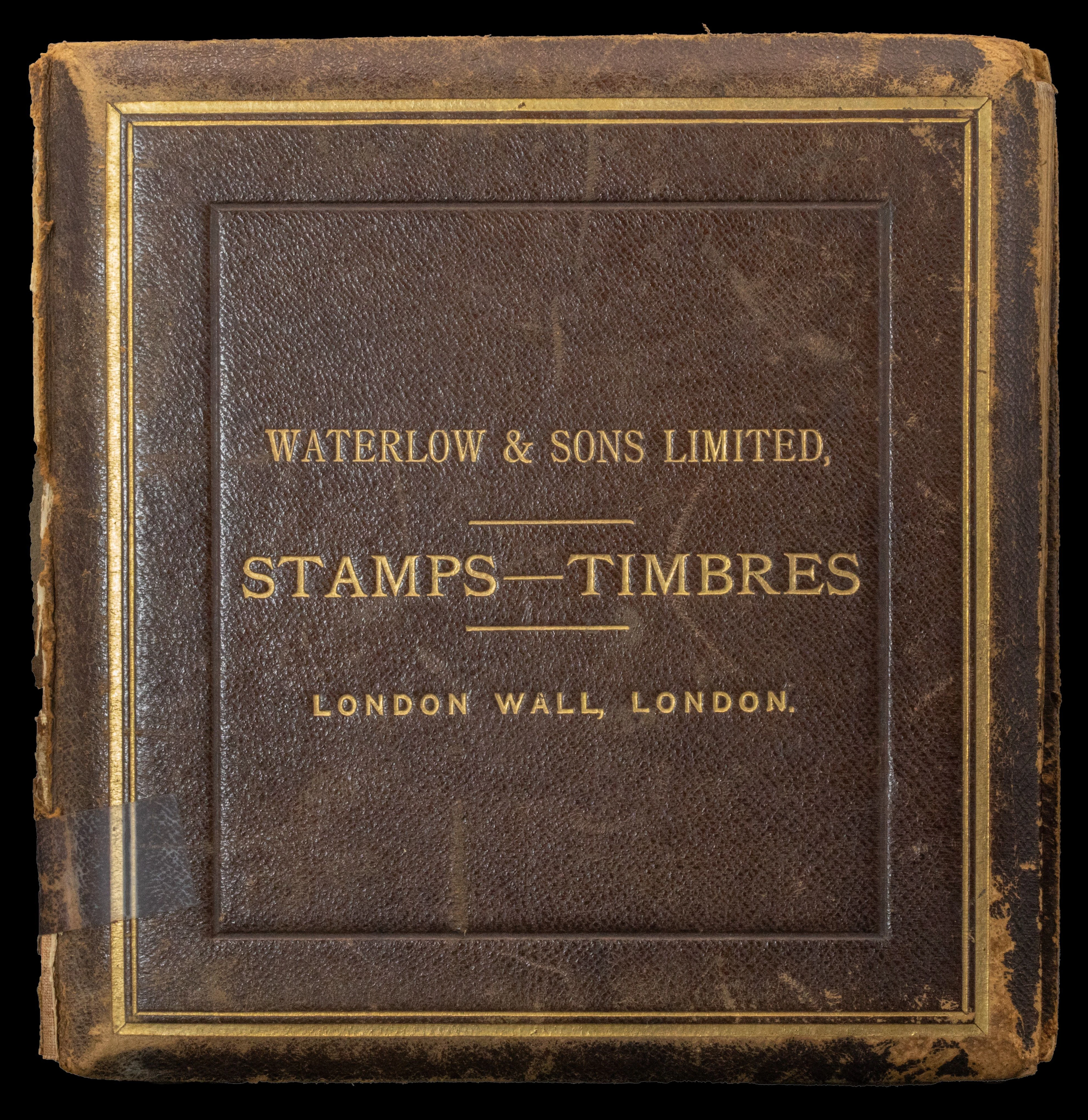 Collections and Ranges C. 1894 brown leather-bound sample stamp book
